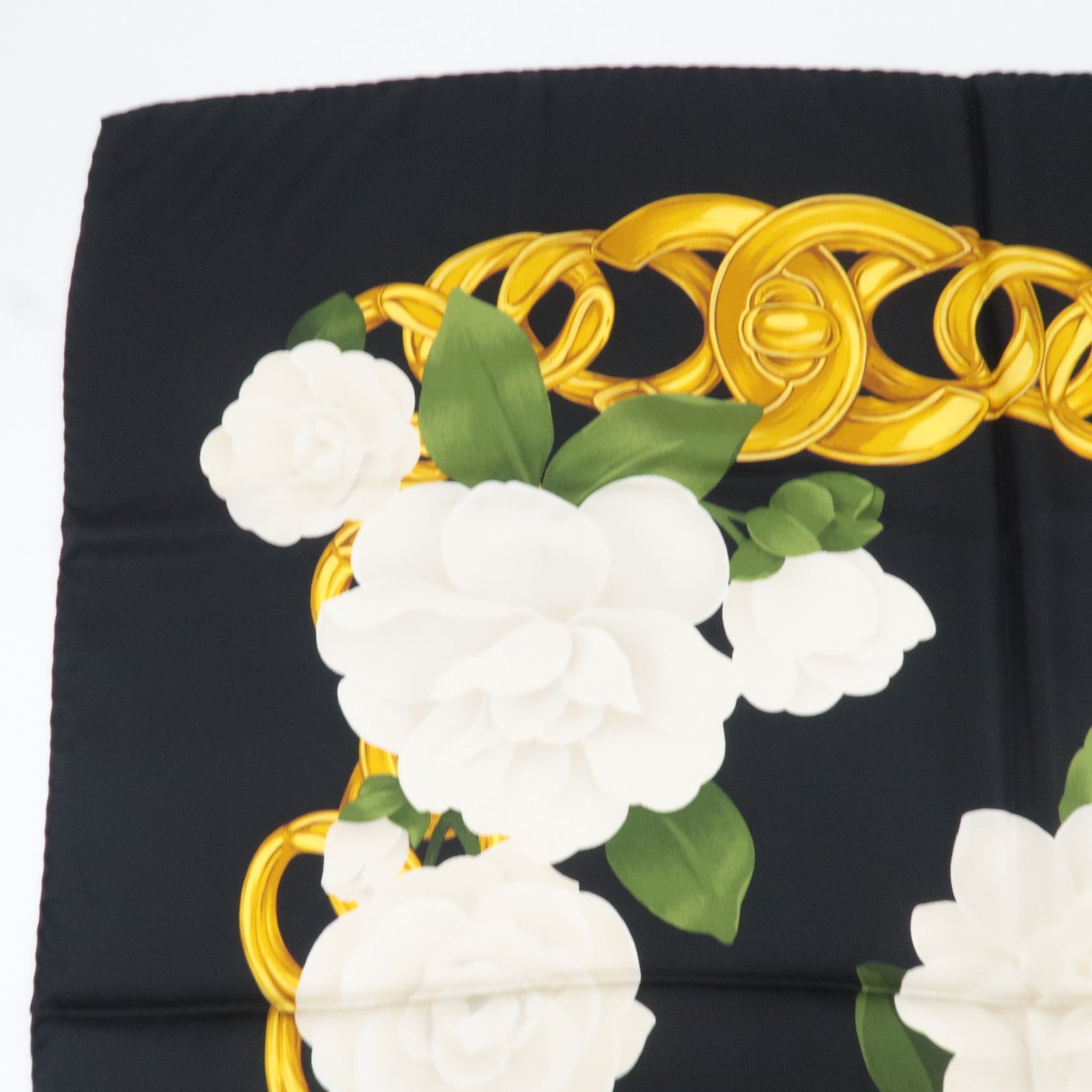 CHANEL Scarf Flower Print 100% Silk Black White