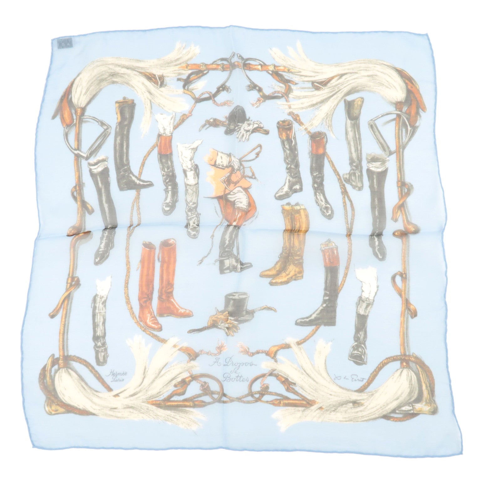 HERMES Carre 40 A Propos De Bottes Boots Print Scarf 100% Silk Blue *Box80201