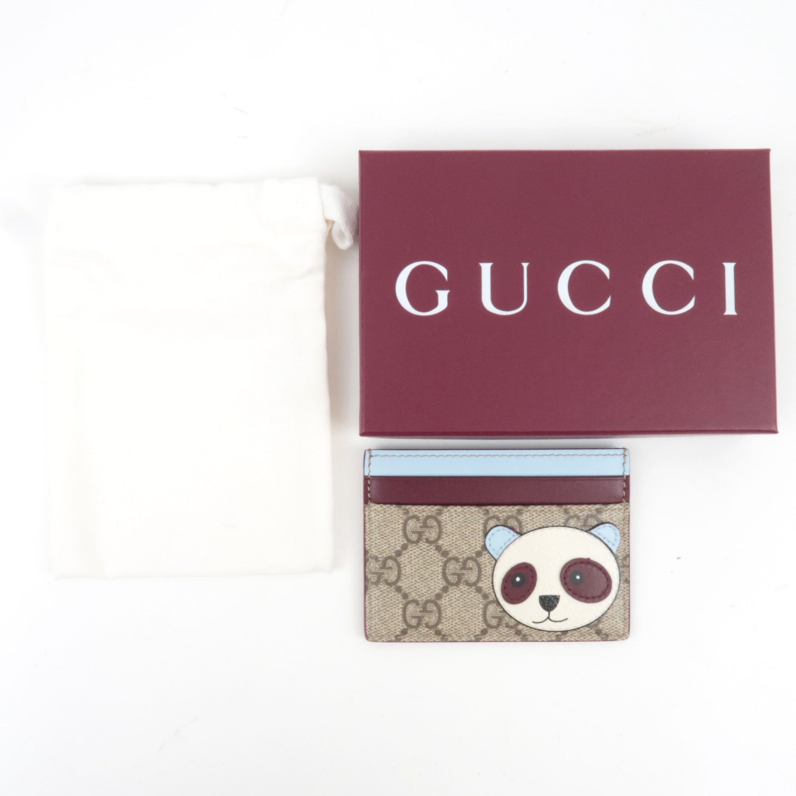 GUCCI Panda Detail Card Case GG Supreme Beige Light Blue 818769 *Box, Dust bag