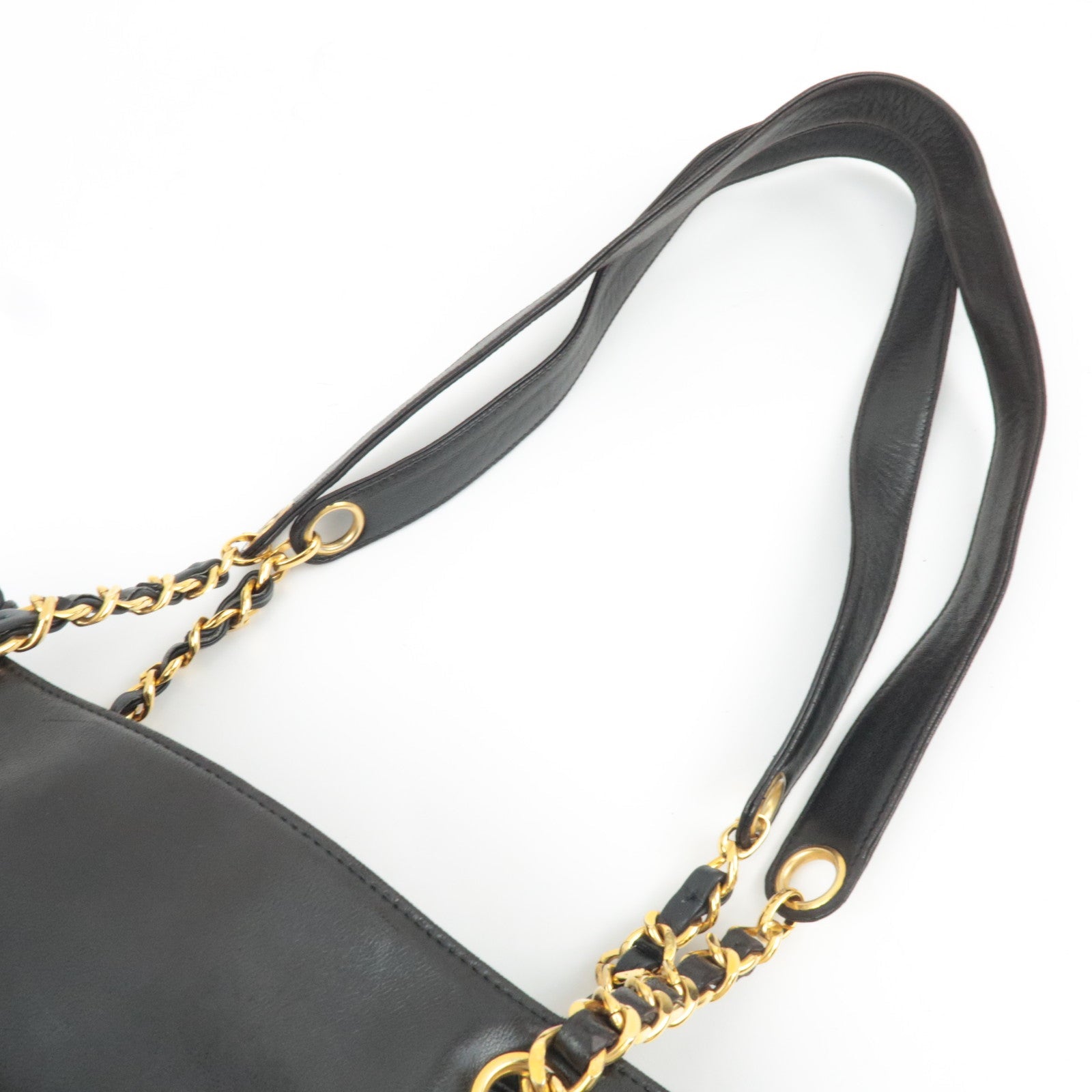 CHANEL Chain Tote Bag Lambskin Black Gold HDW 304460 *G card