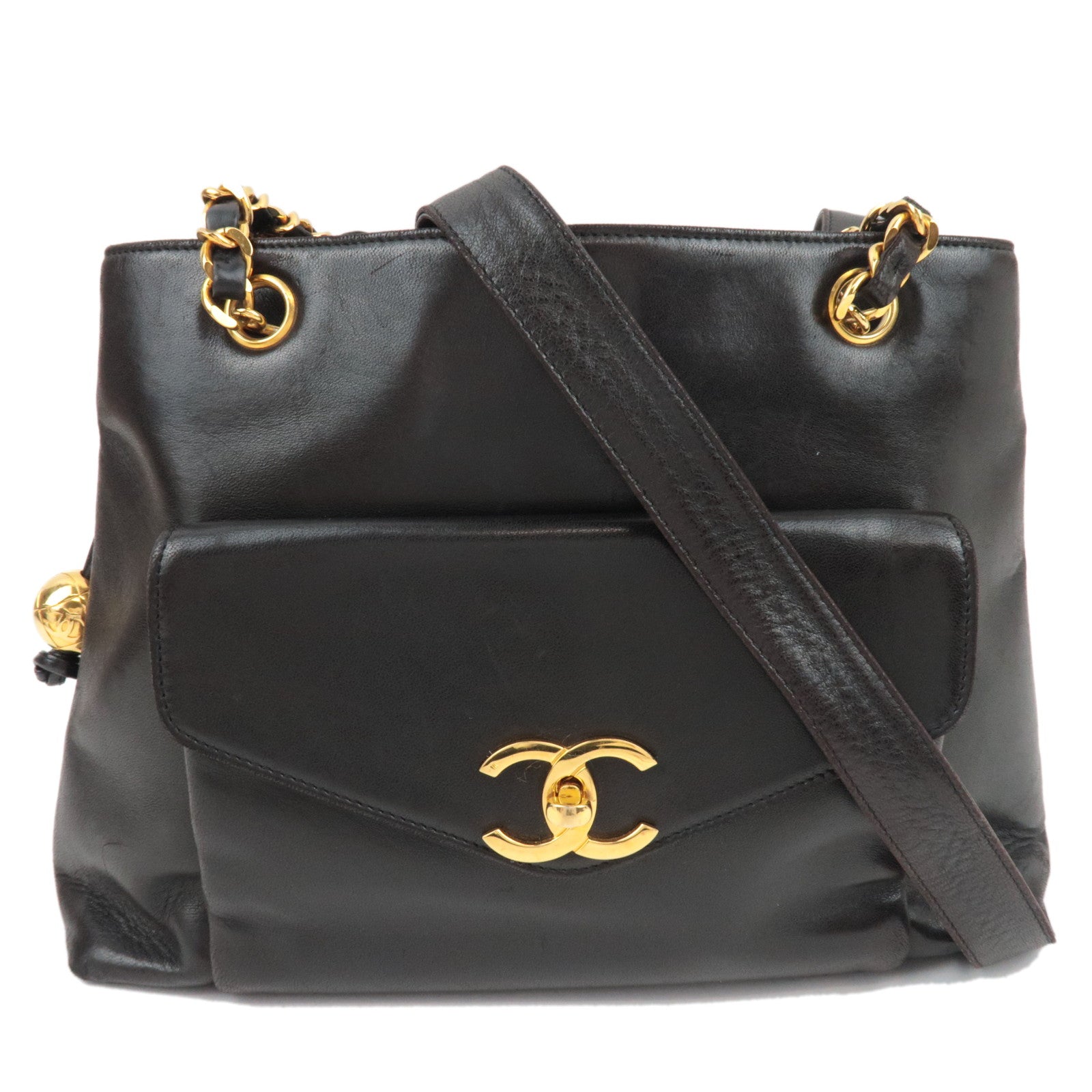 CHANEL Chain Tote Bag Lambskin Black Gold HDW 304460 *G card80430