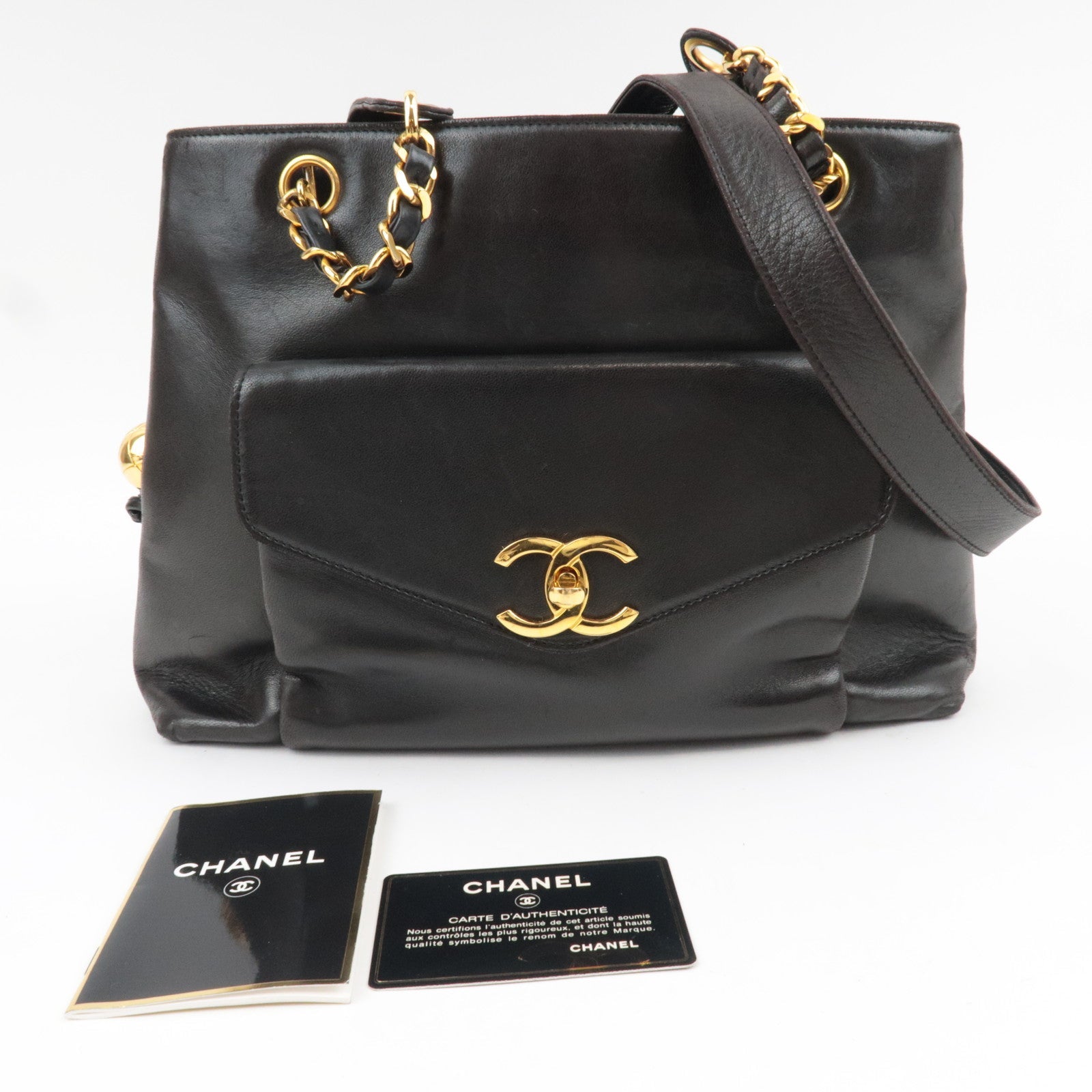 CHANEL Chain Tote Bag Lambskin Black Gold HDW 304460 *G card
