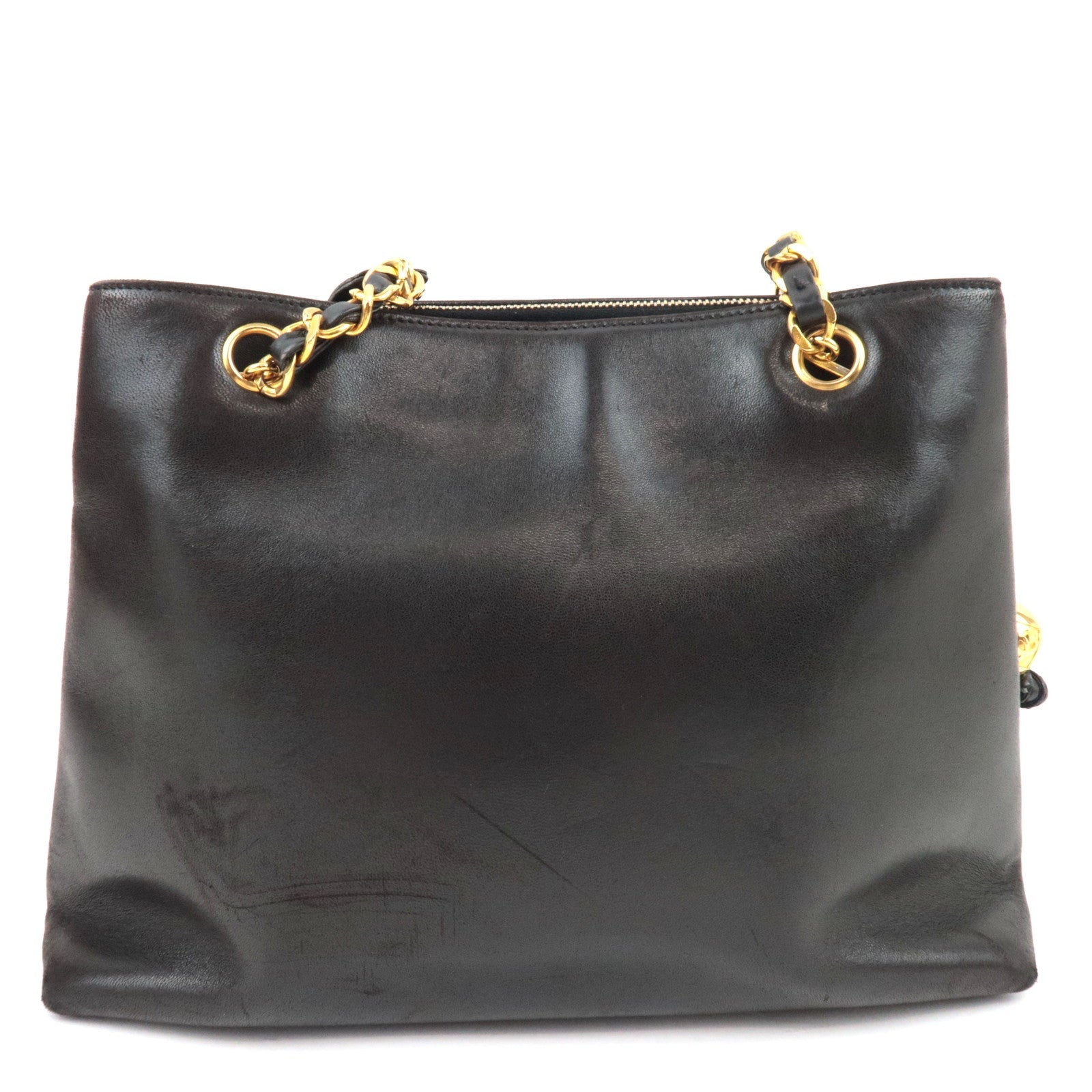 CHANEL Chain Tote Bag Lambskin Black Gold HDW 304460 *G card