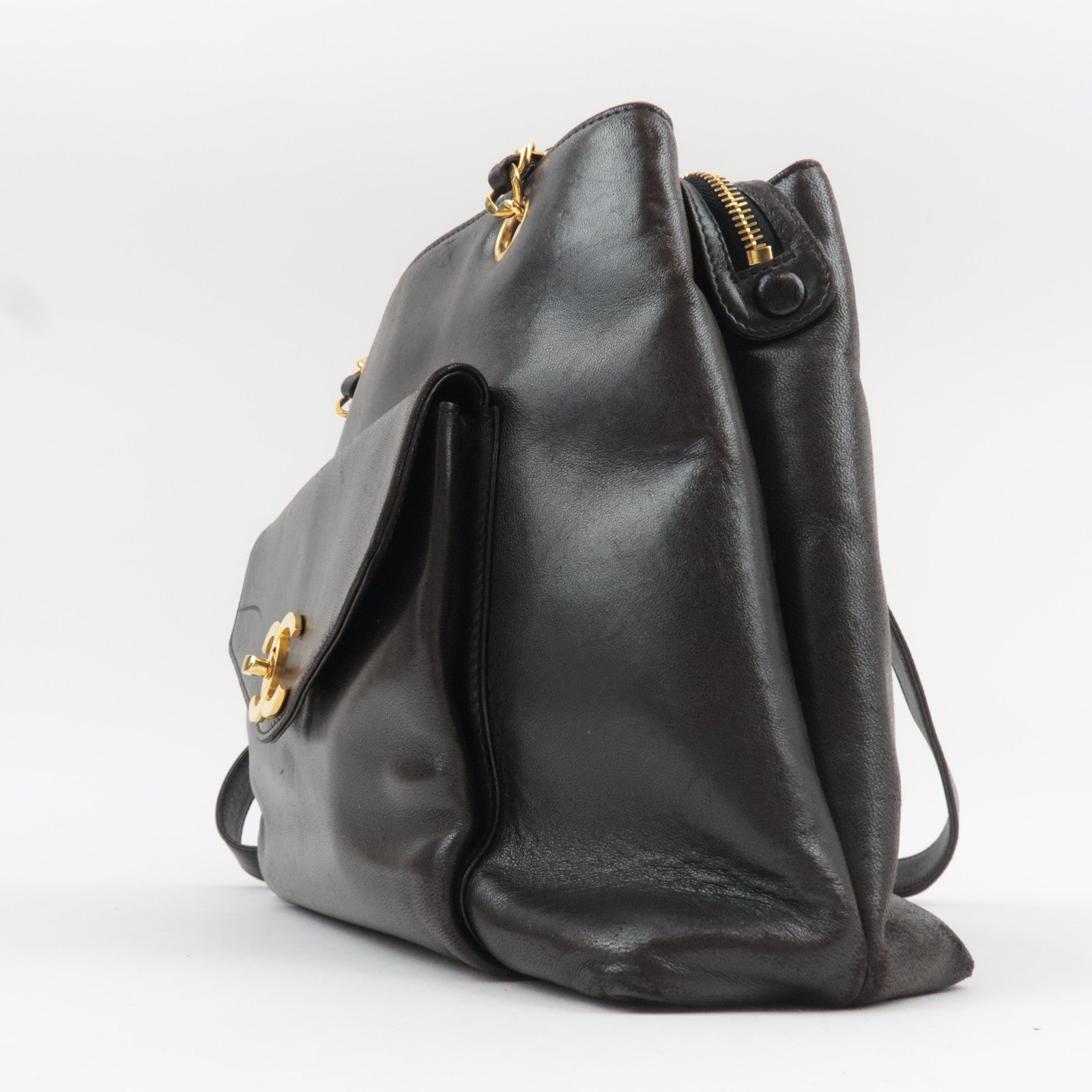 CHANEL Chain Tote Bag Lambskin Black Gold HDW 304460 *G card