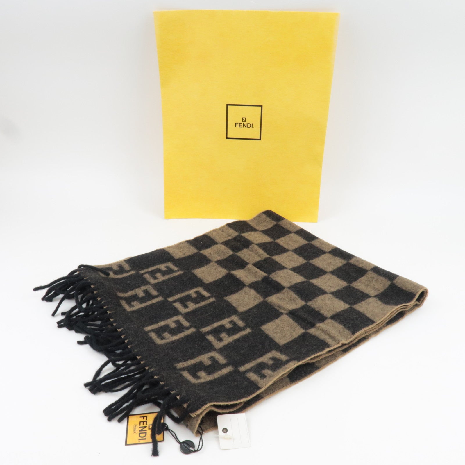 FENDI Pequin Scarf 100% Wool Beige Black