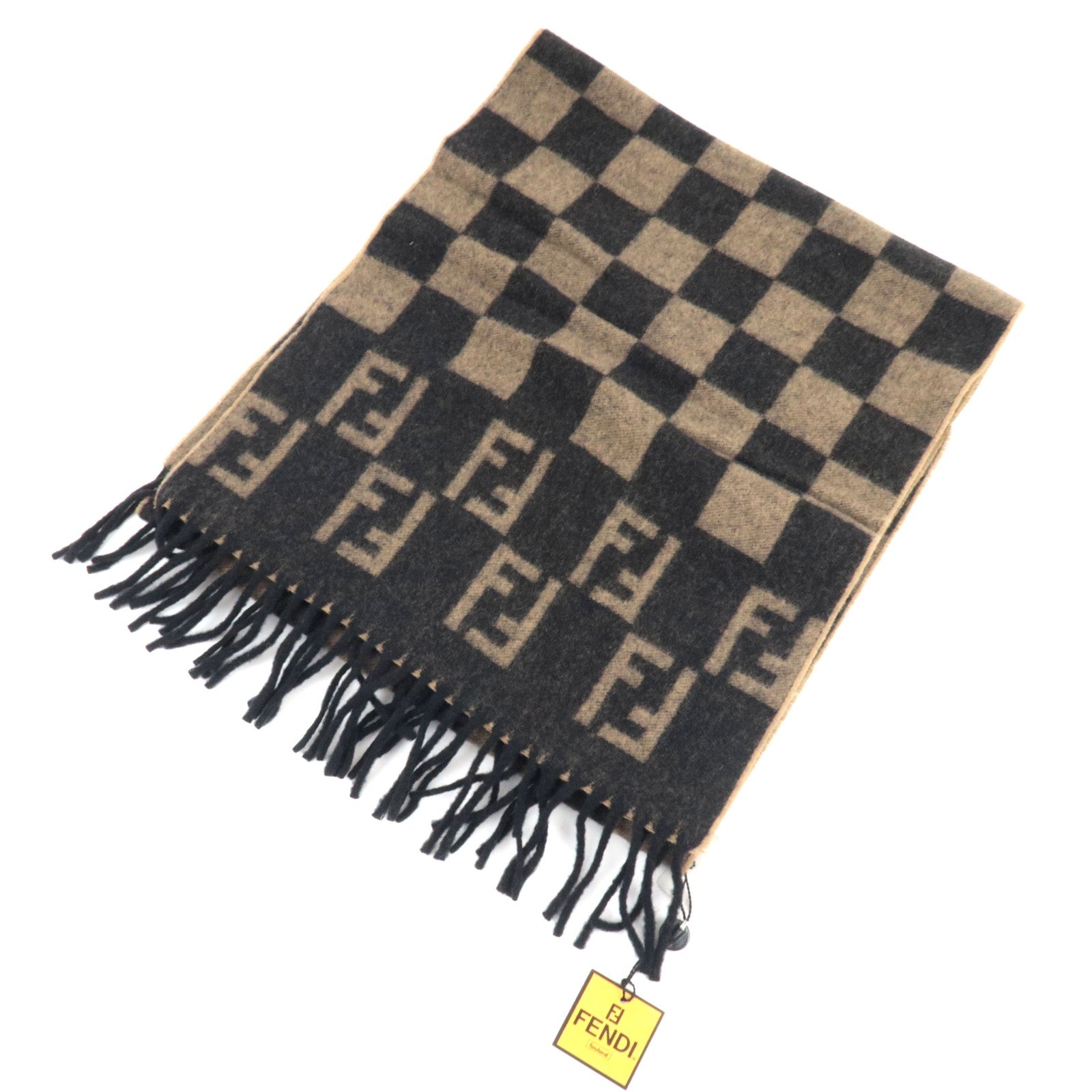 FENDI Pequin Scarf 100% Wool Beige Black80462