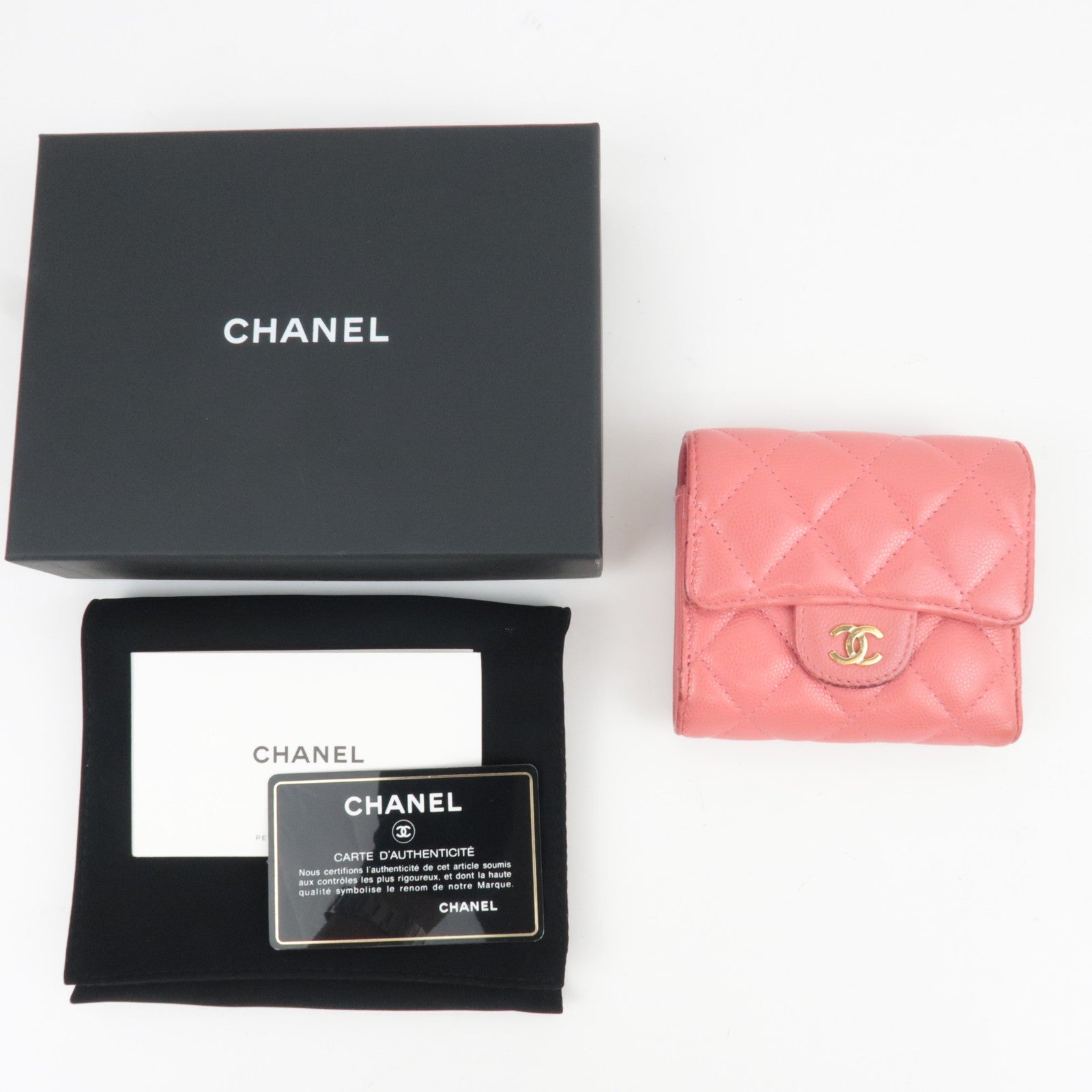 CHANEL Matelasse Small Flap Tri-Fold Wallet Caviar Skin Pink 28471354 *Box, Dust bag, G card