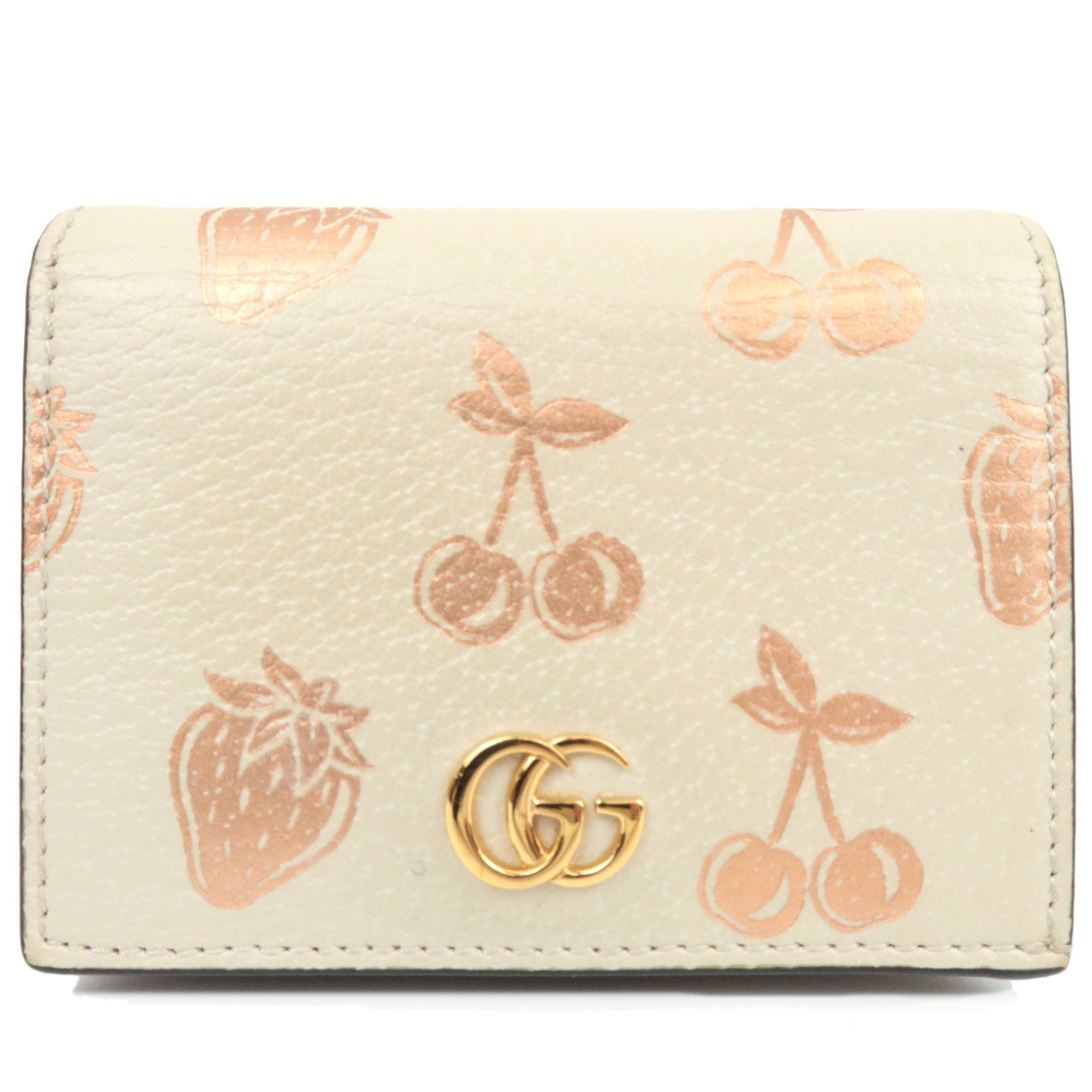 GUCCI GG Marmont Bifold Wallet Cherry & Strawberry Leather Ivory 456126 *Dust bag80540