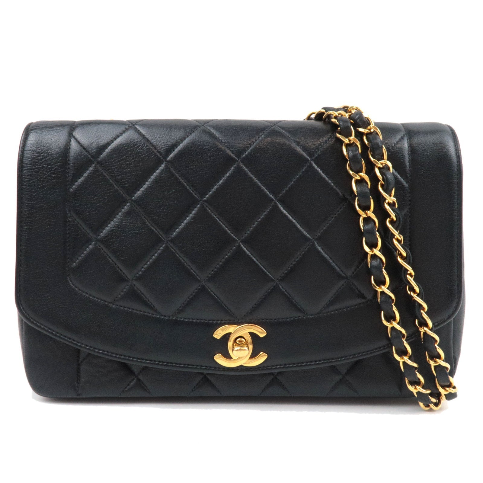 CHANEL Diana Matelasse 25 Chain Shoulder Bag Lambskin Black Gold HDW 238283080543