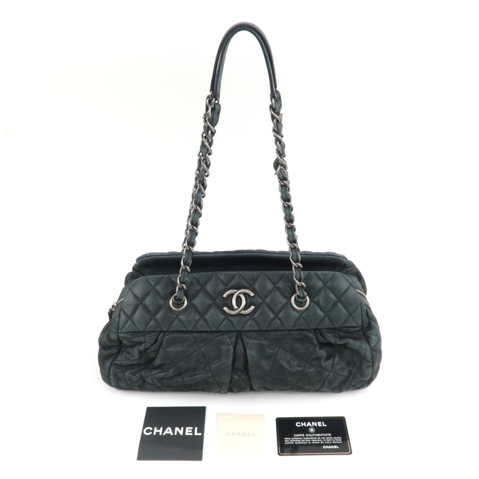 CHANEL Matelasse Chain Tote Bag Sparkle Leather Black 14845535 *G card