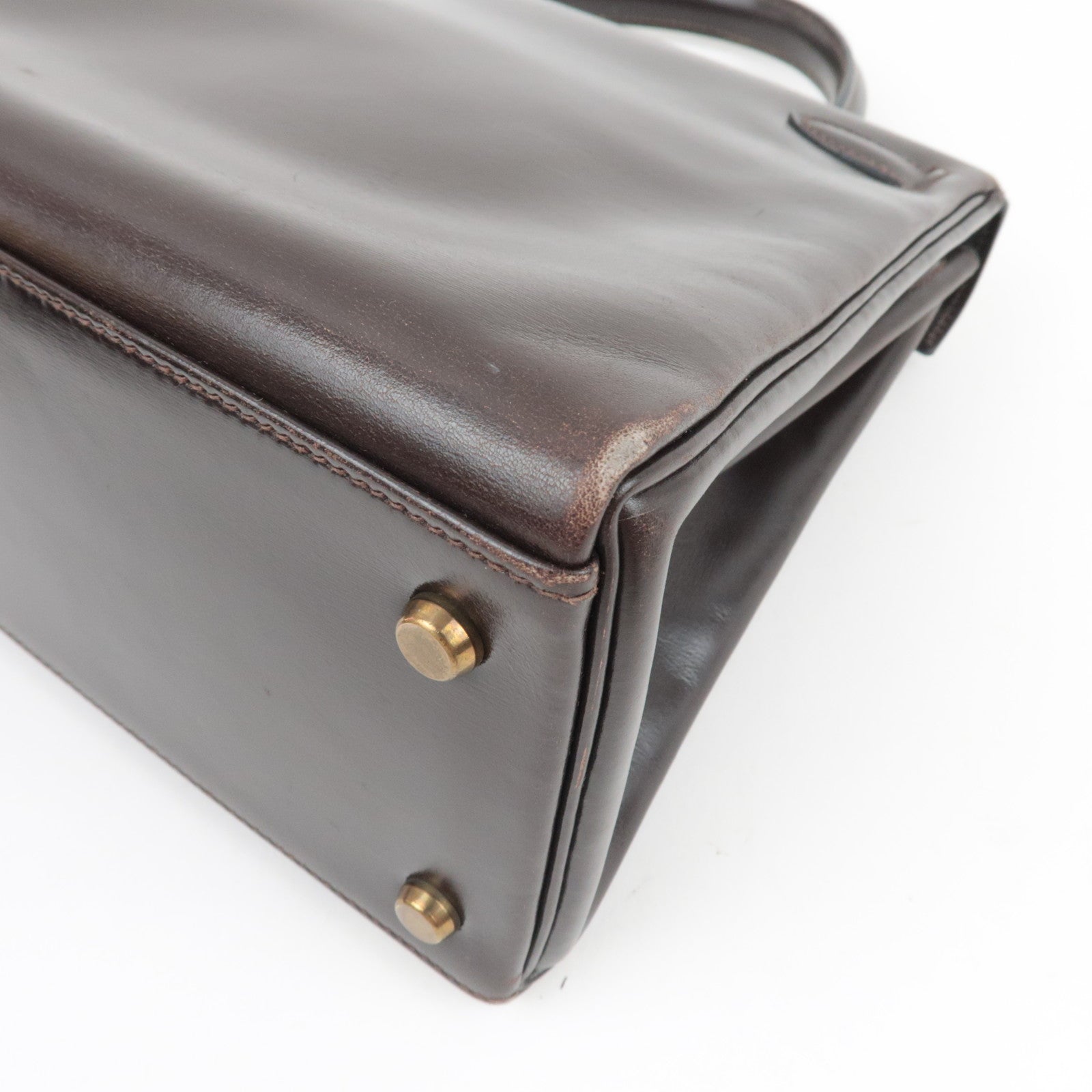 HERMES Kelly 28 Handbag 〇M Stamp (1983) Box Calf Brown Gold HDW *Dust bag, Strap, Key Lock, Clochette