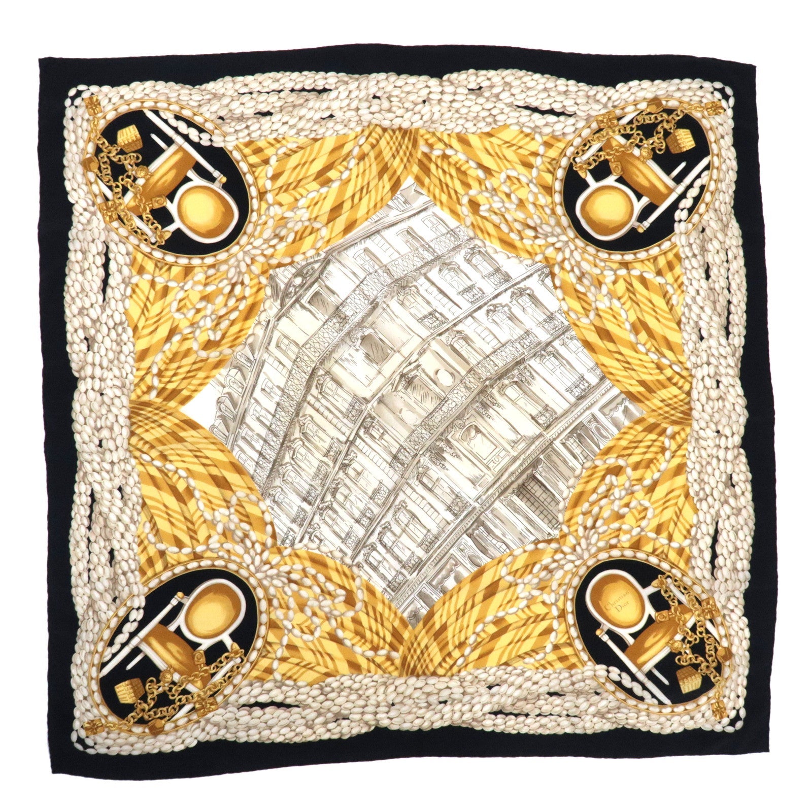 Christian Dior Scarf Pearl Chain Print 100% Silk White Black80670