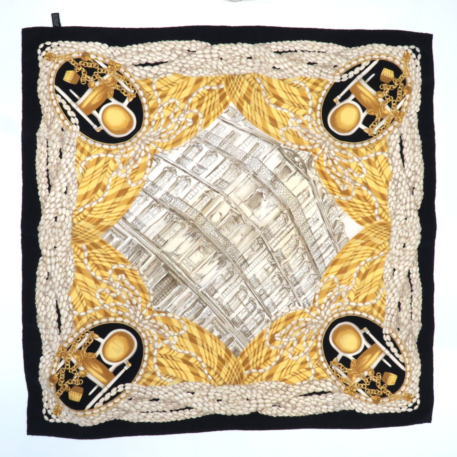 Christian Dior Scarf Pearl Chain Print 100% Silk White Black