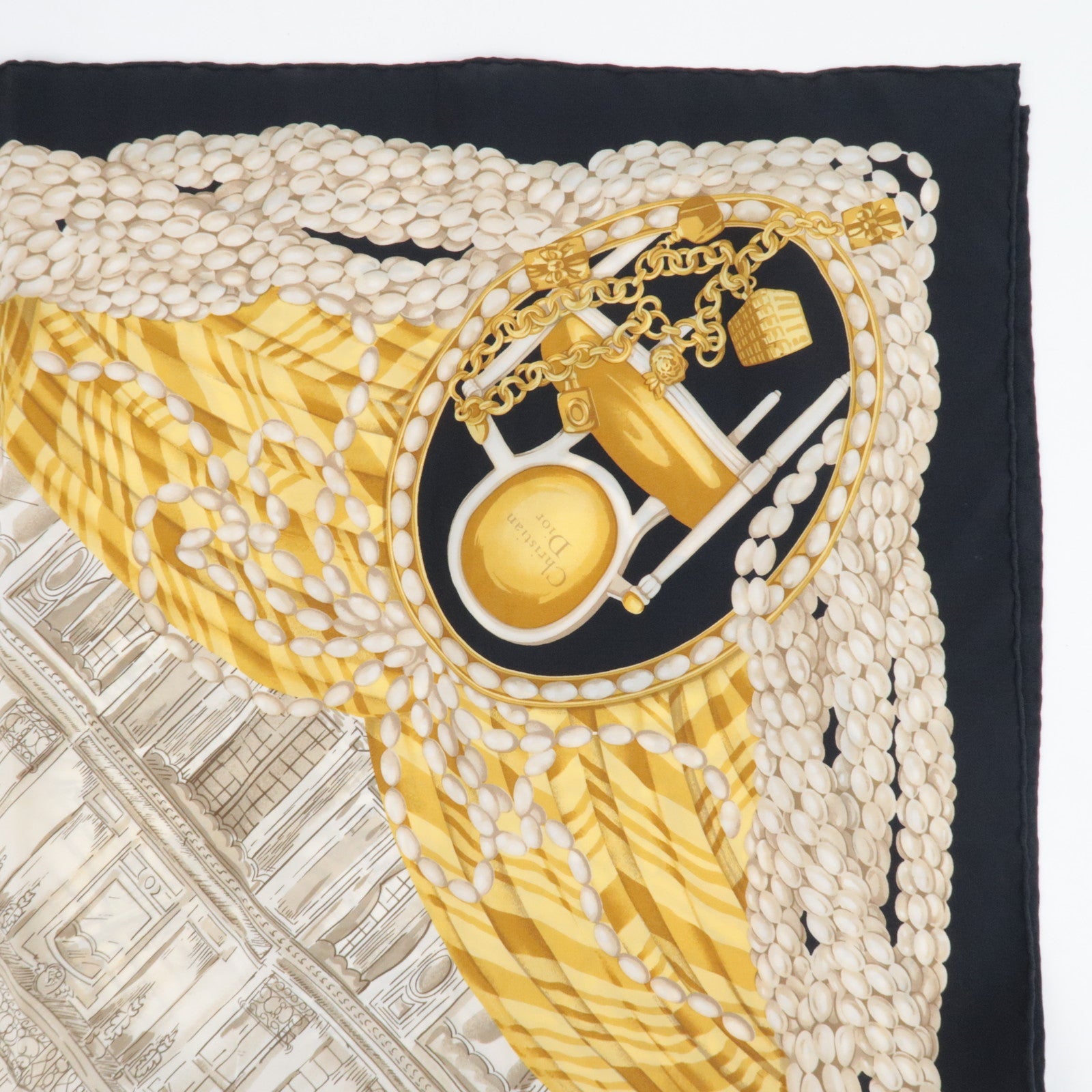 Christian Dior Scarf Pearl Chain Print 100% Silk White Black