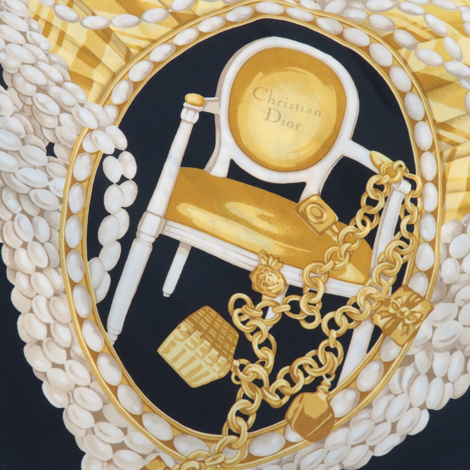 Christian Dior Scarf Pearl Chain Print 100% Silk White Black