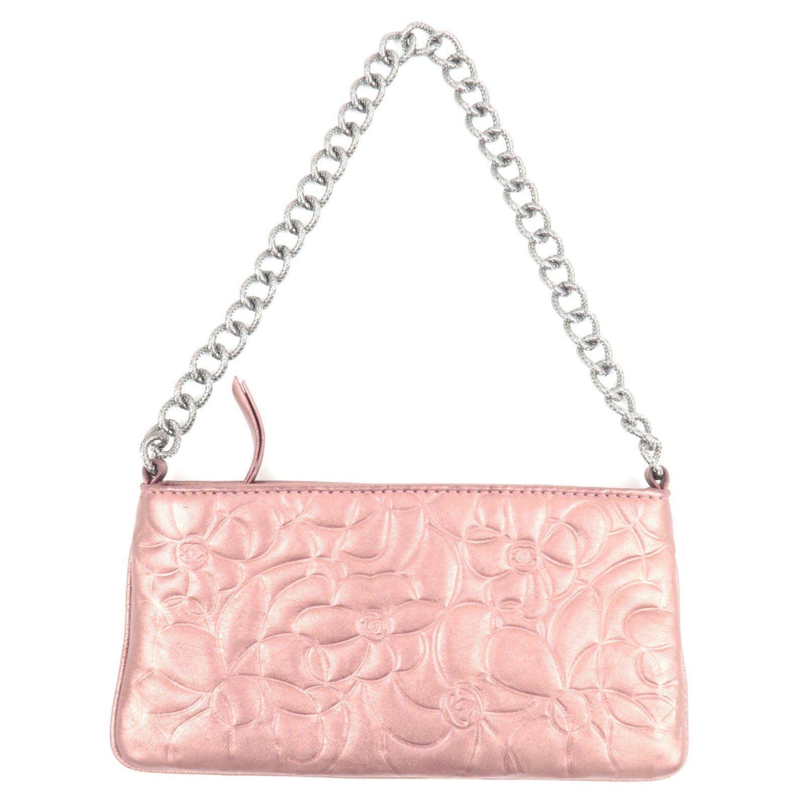 CHANEL Camellia Chain Shoulder Small Pouch Leather Metallic Pink 8609947 *G card80690