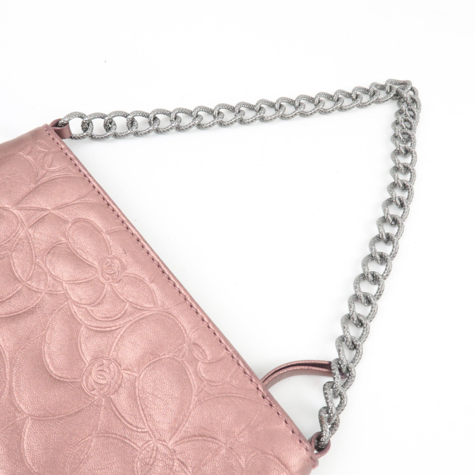 CHANEL Camellia Chain Shoulder Small Pouch Leather Metallic Pink 8609947 *G card