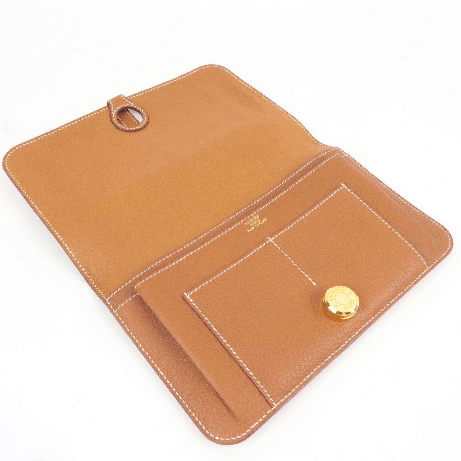 HERMES Dogon GM Bill Wallet □C Stamp (1999) Taurillon Clemence Gold *Pouch Missing