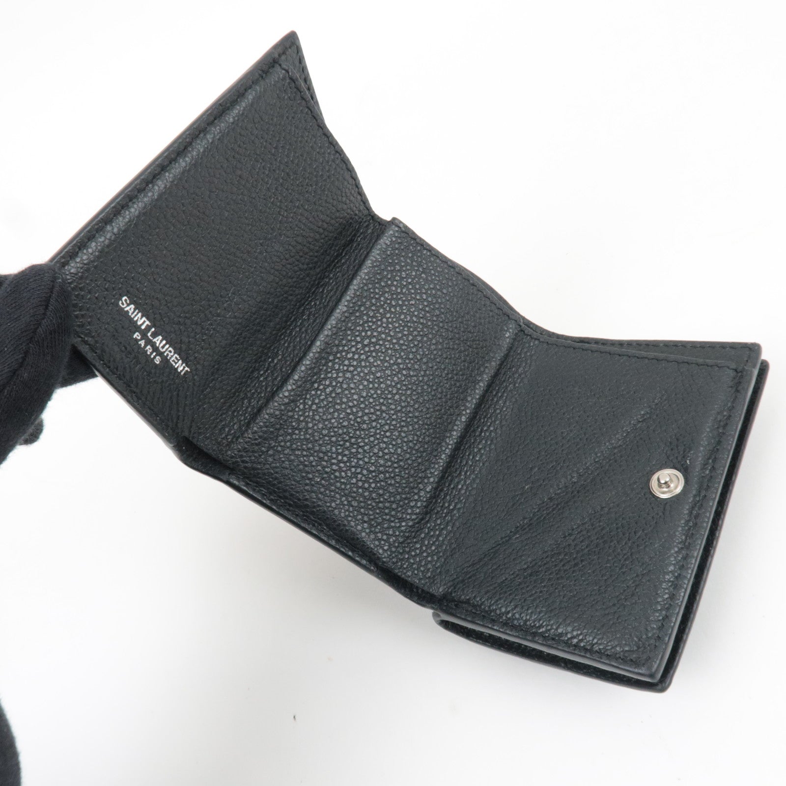 SAINT LAURENT YSL Origami Tiny Tri-Fold Wallet Leather Black Silver HDW 669959