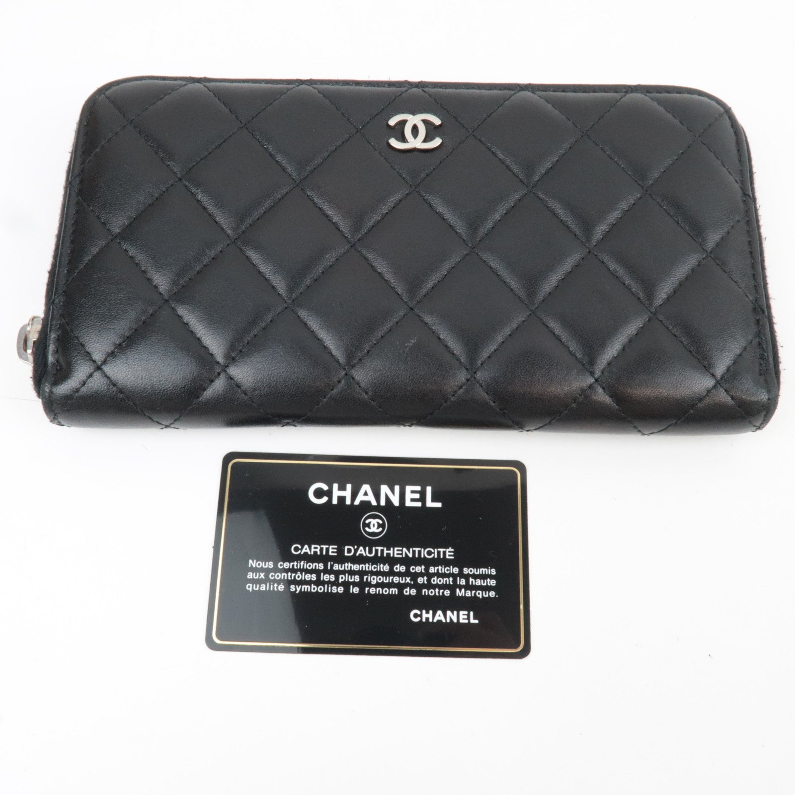 CHANEL Matelasse Round Zipper Long Wallet Lambskin Black Silver HDW 15790056 *G card