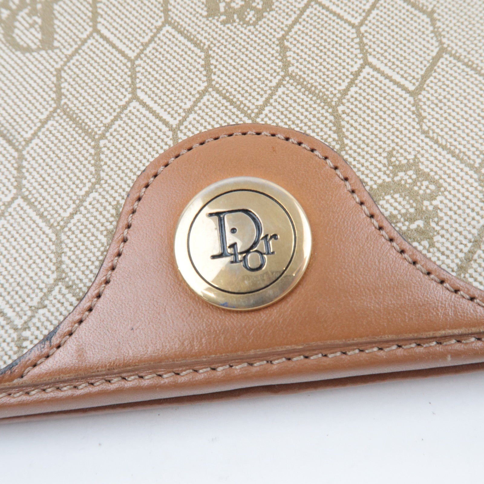 Christian Dior Honeycomb Chain Shoulder Bag PVC Leather Beige Brown