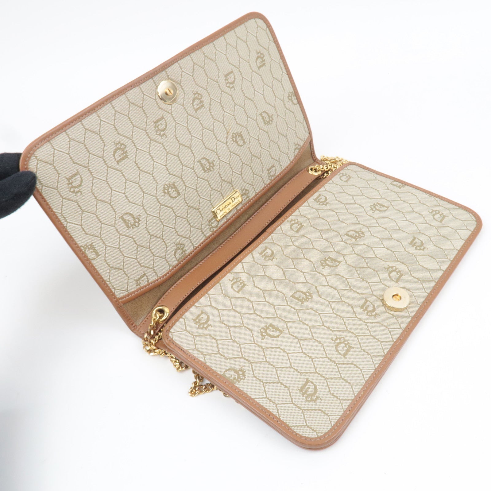 Christian Dior Honeycomb Chain Shoulder Bag PVC Leather Beige Brown