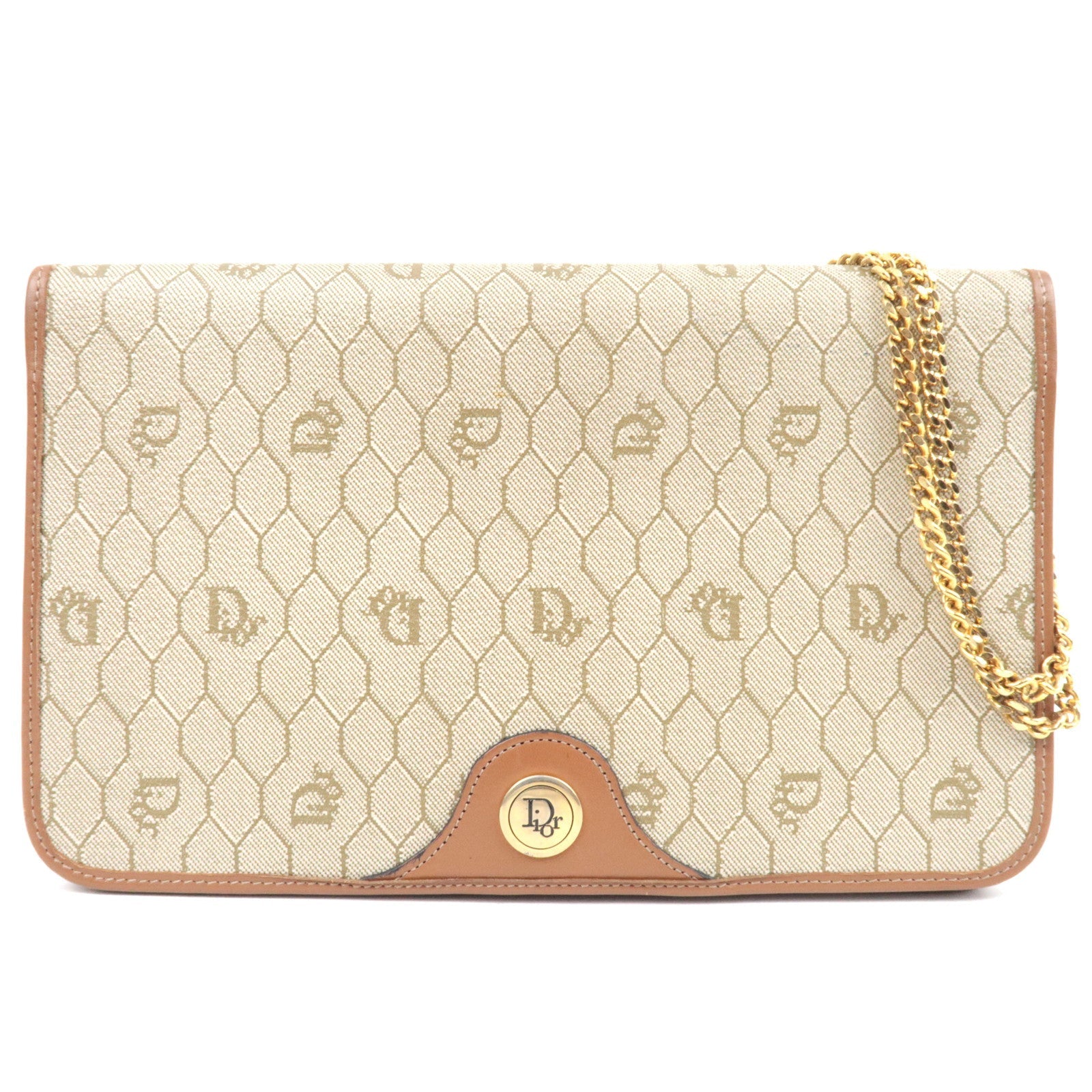 Christian Dior Honeycomb Chain Shoulder Bag PVC Leather Beige Brown80731