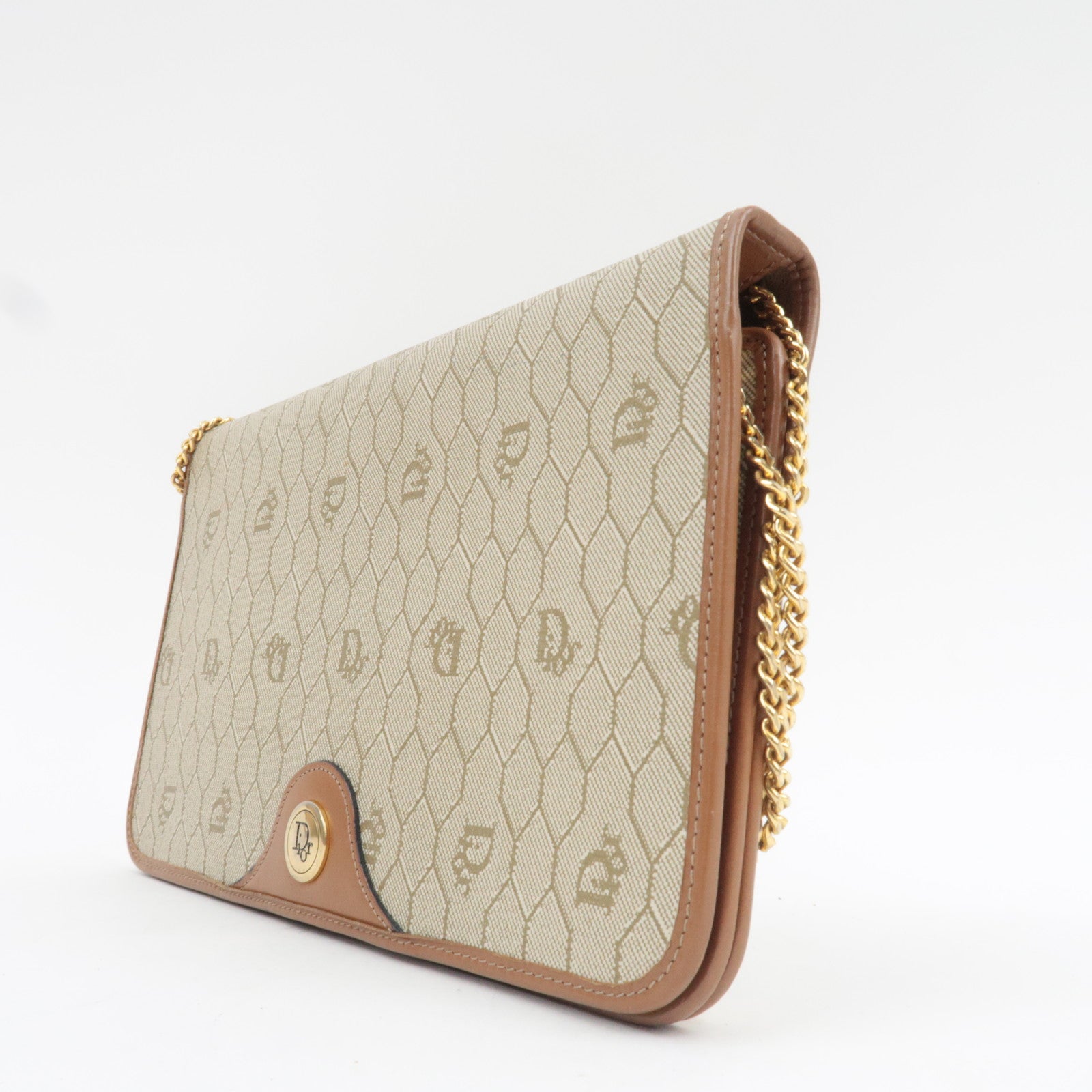 Christian Dior Honeycomb Chain Shoulder Bag PVC Leather Beige Brown