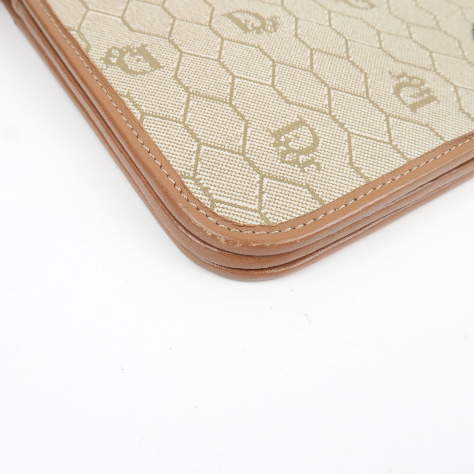 Christian Dior Honeycomb Chain Shoulder Bag PVC Leather Beige Brown