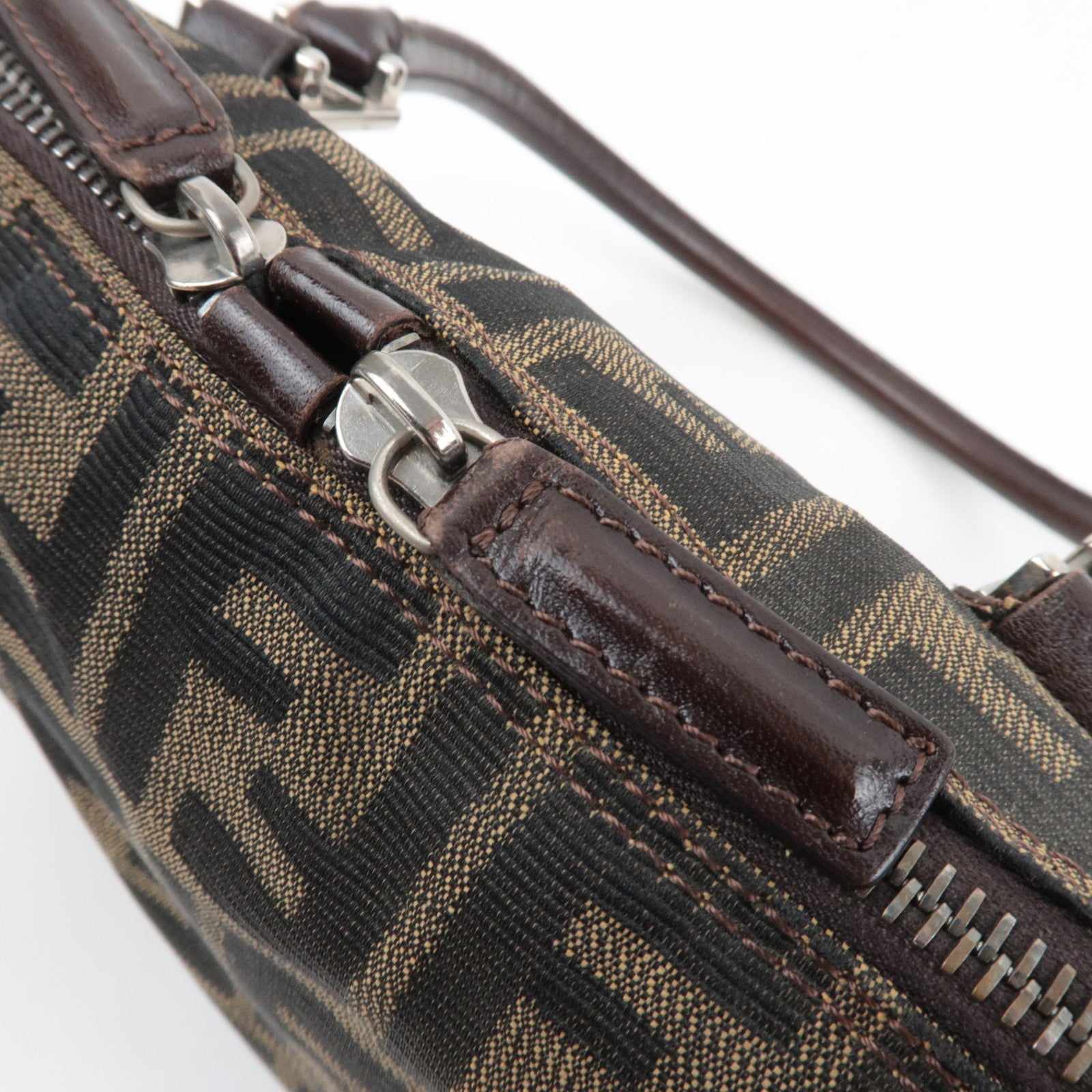 FENDI Zucca Handbag Canvas Leather Khaki Black Brown