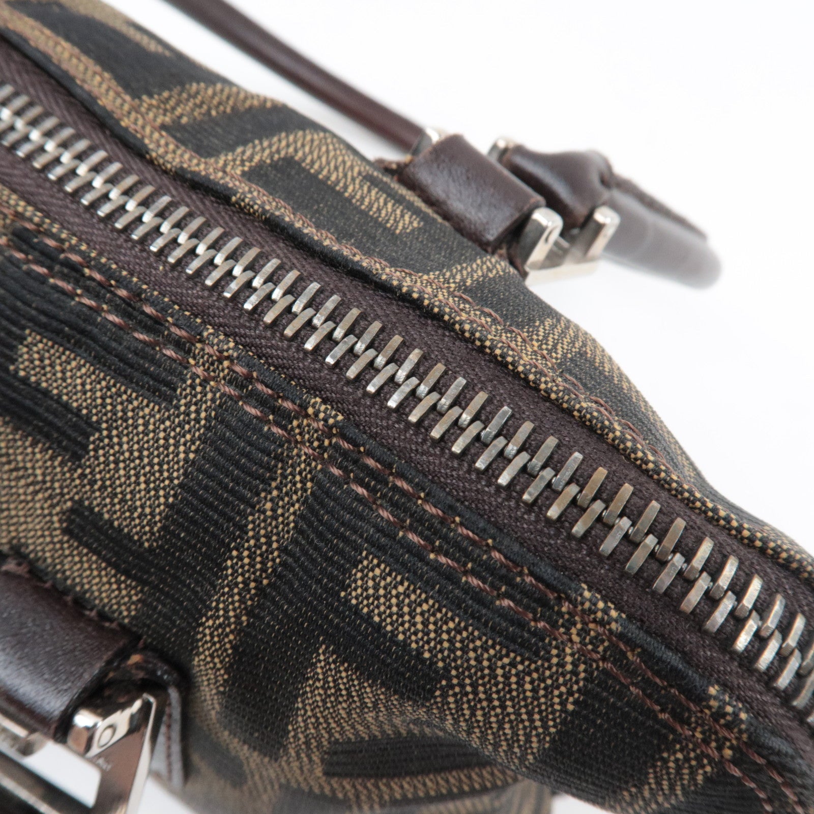 FENDI Zucca Handbag Canvas Leather Khaki Black Brown