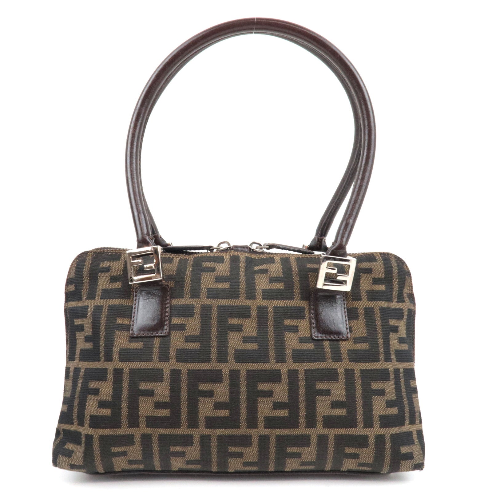 FENDI Zucca Handbag Canvas Leather Khaki Black Brown