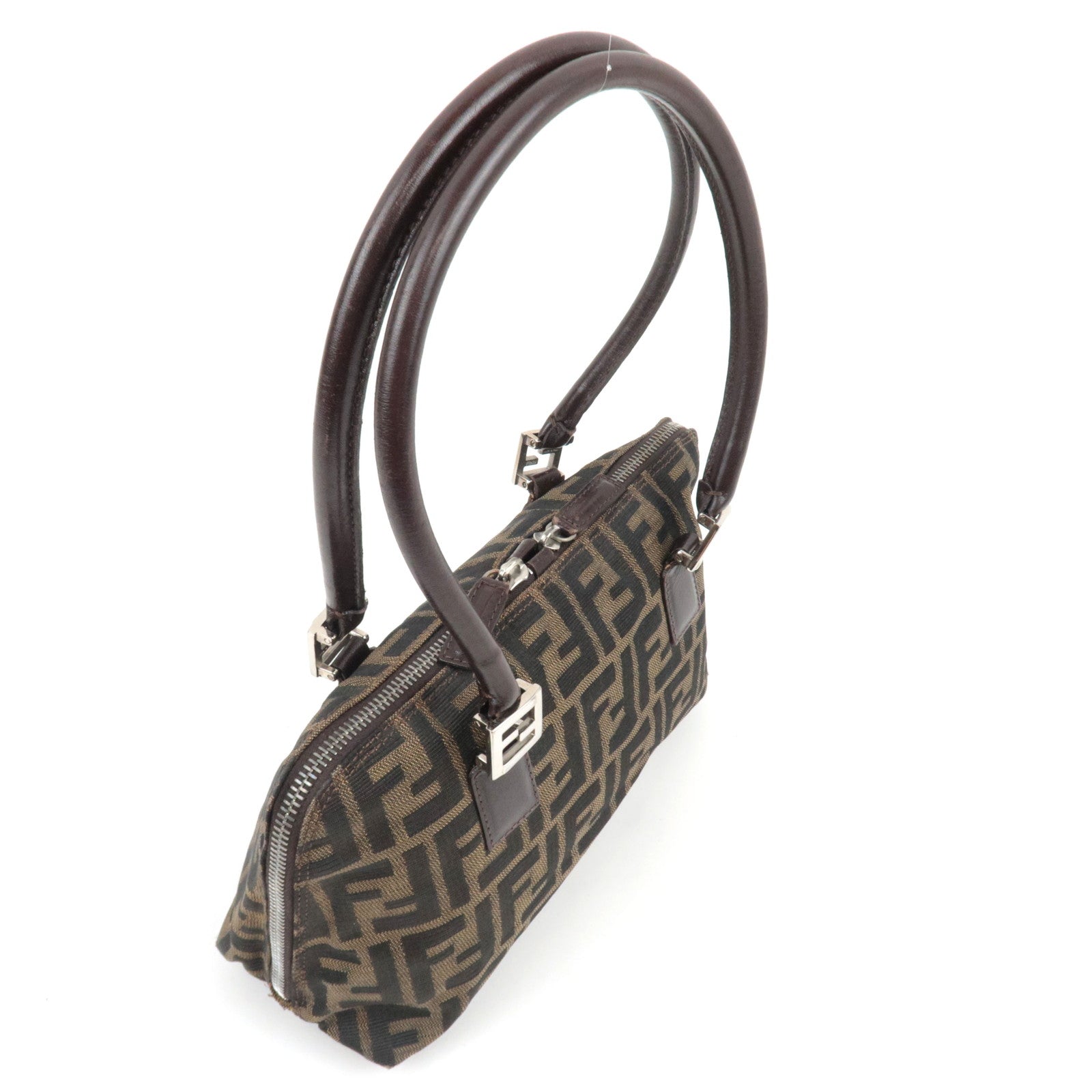 FENDI Zucca Handbag Canvas Leather Khaki Black Brown