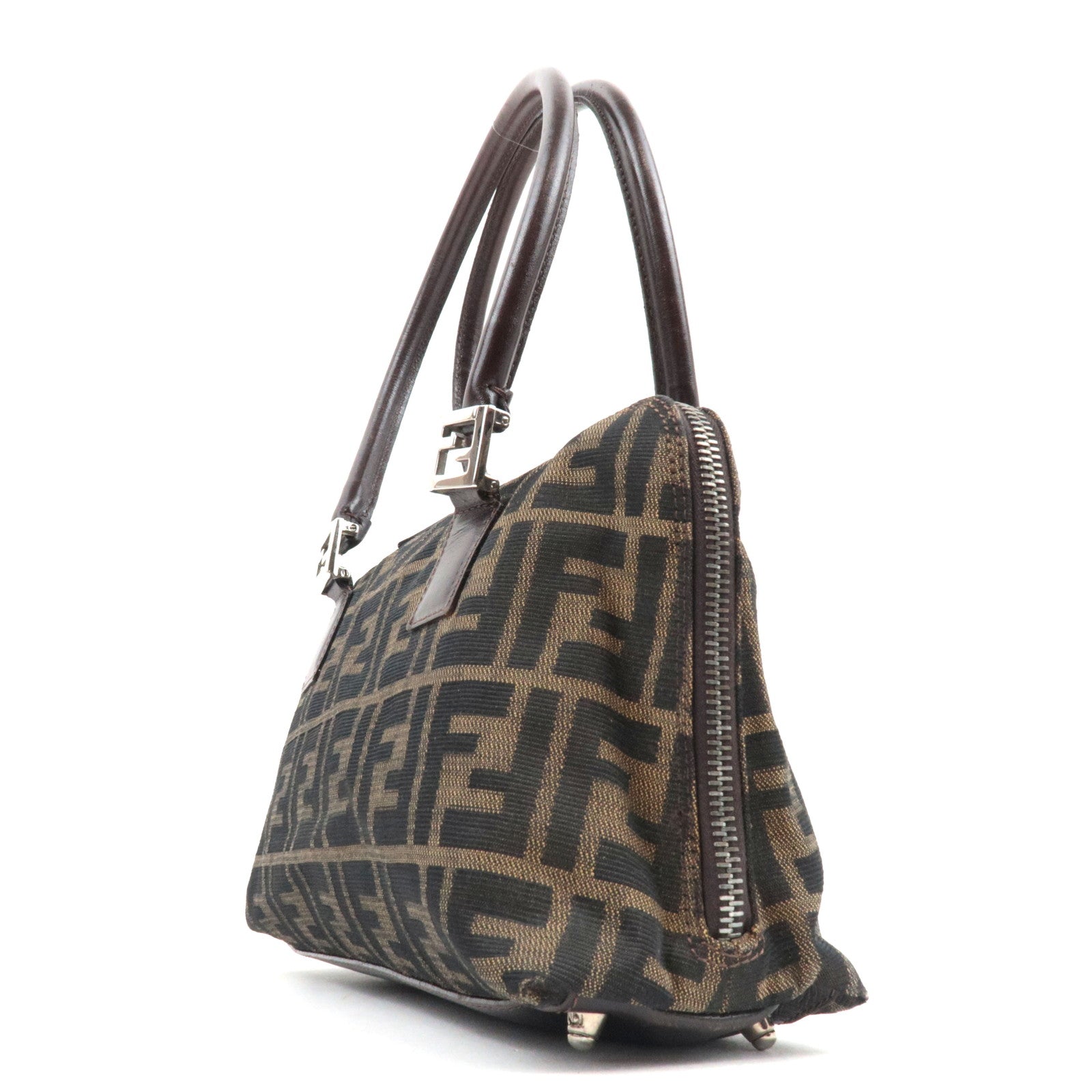 FENDI Zucca Handbag Canvas Leather Khaki Black Brown