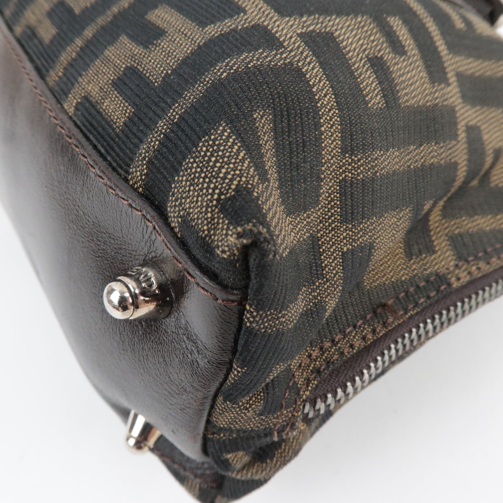 FENDI Zucca Handbag Canvas Leather Khaki Black Brown