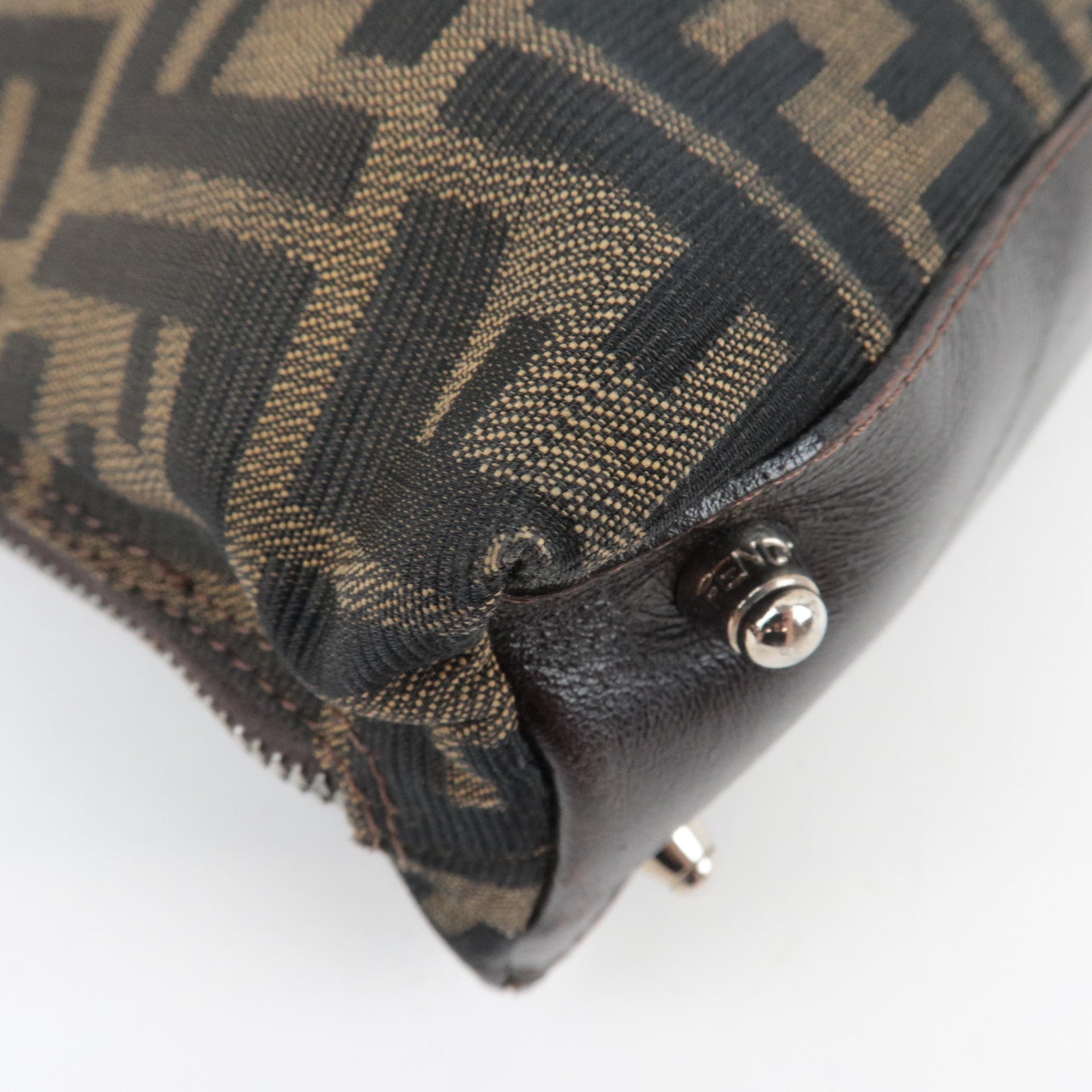 FENDI Zucca Handbag Canvas Leather Khaki Black Brown