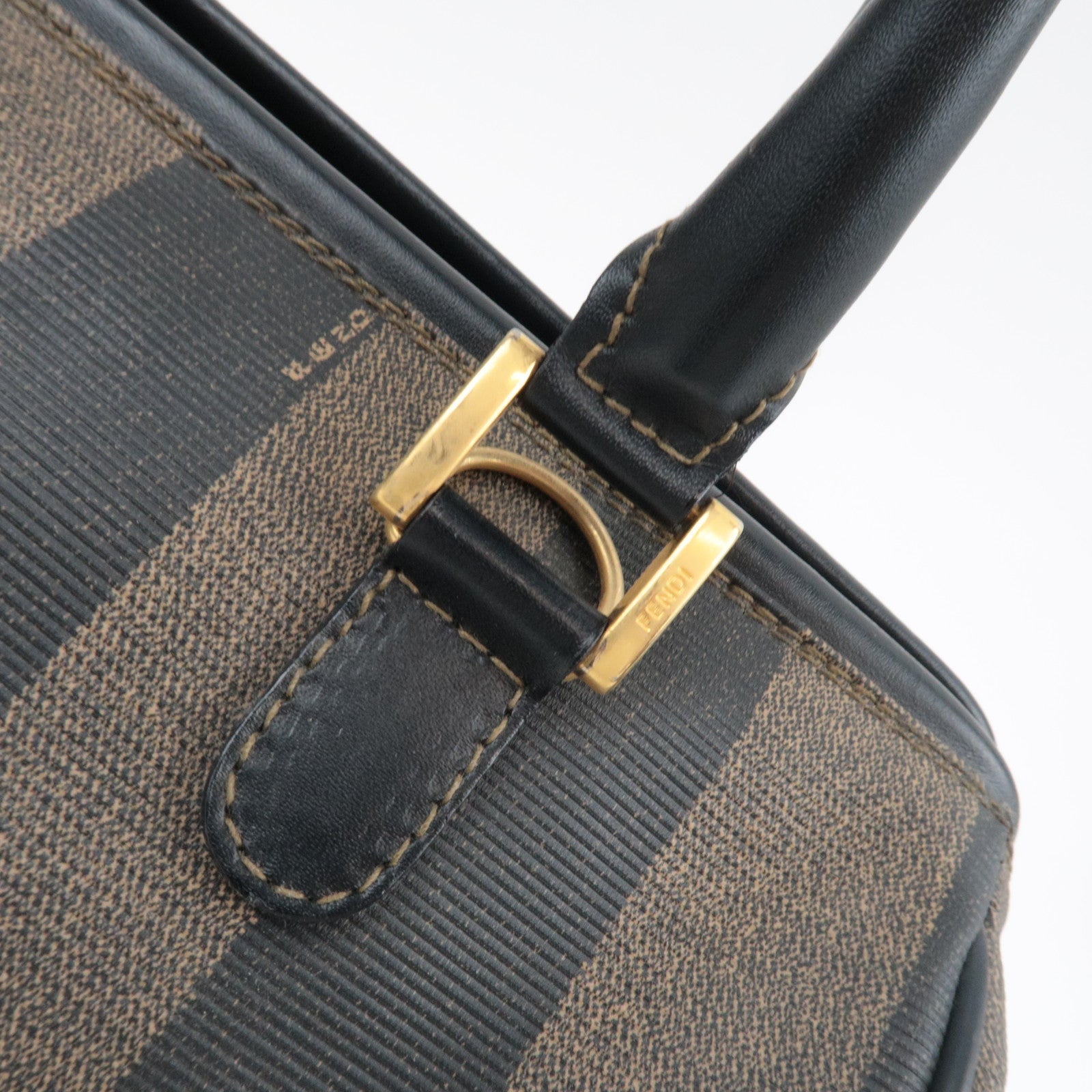 FENDI Pequin Boston Bag PVC Leather Black Khaki 25902