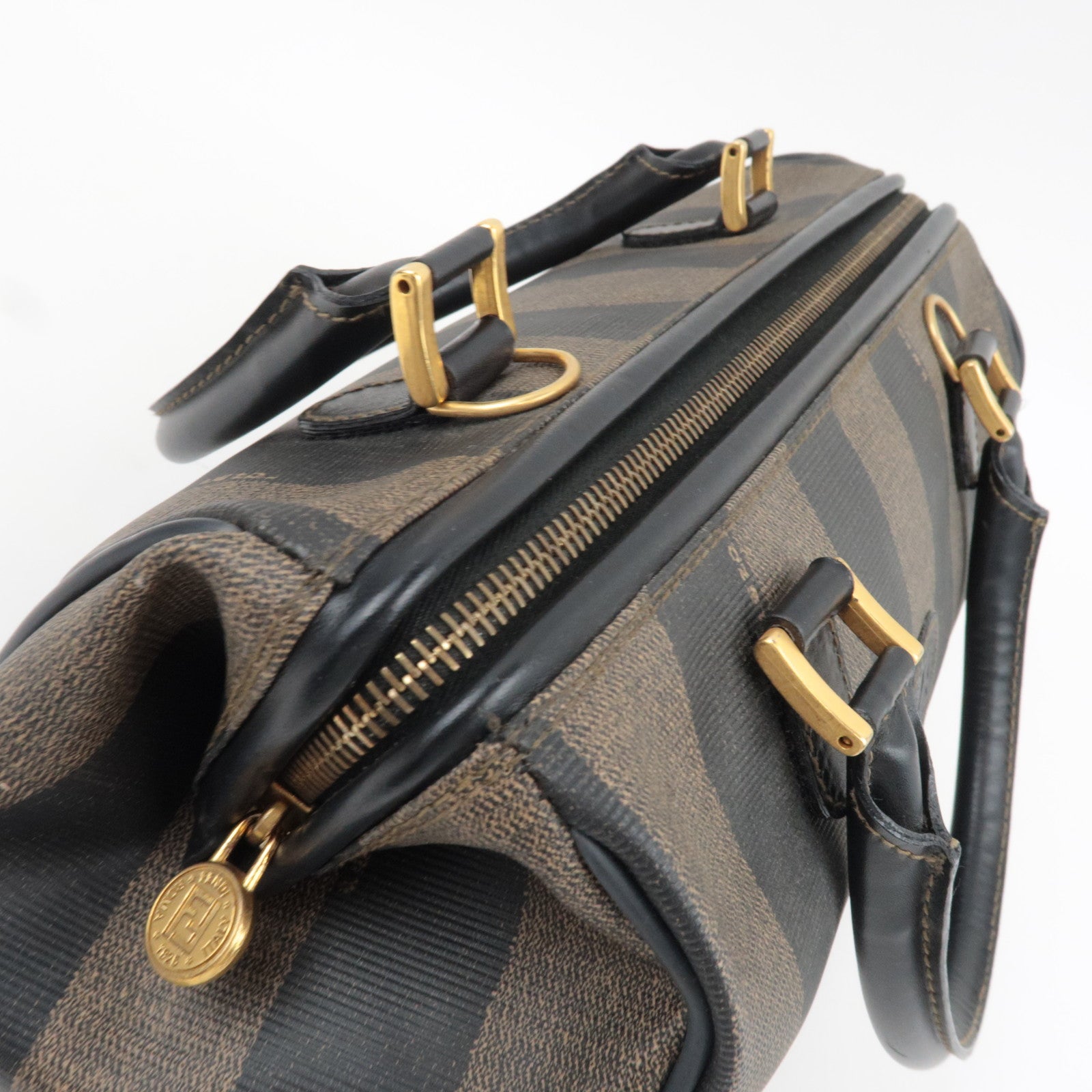 FENDI Pequin Boston Bag PVC Leather Black Khaki 25902