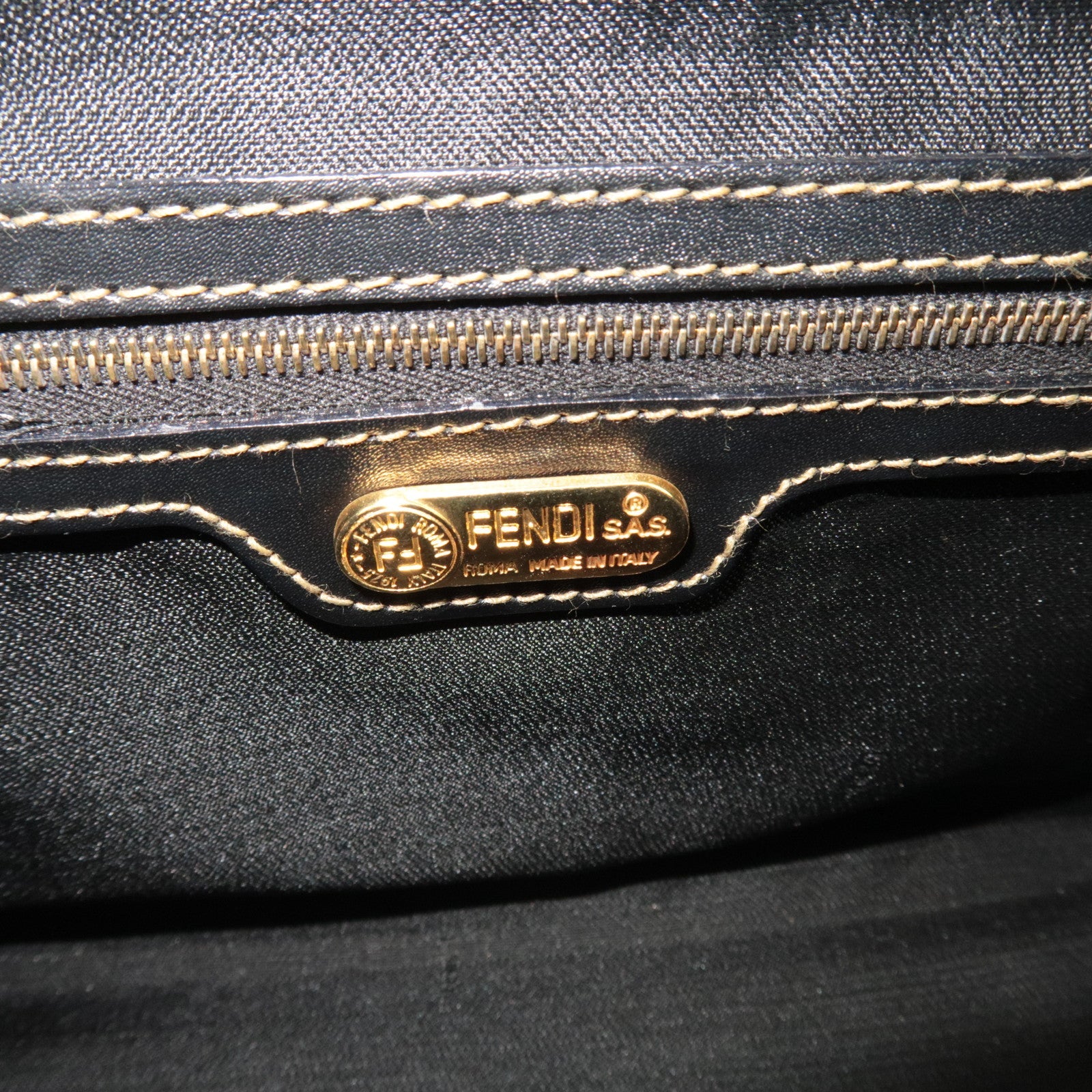 FENDI Pequin Boston Bag PVC Leather Black Khaki 25902