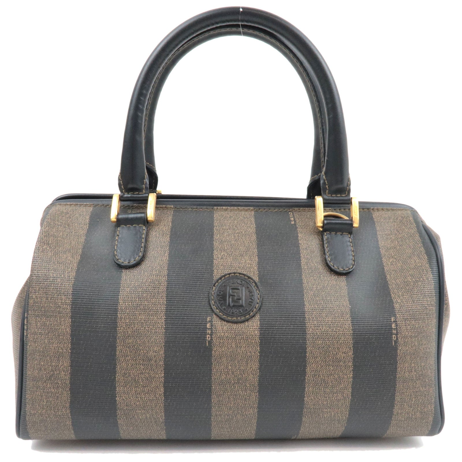 FENDI Pequin Boston Bag PVC Leather Black Khaki 2590280855