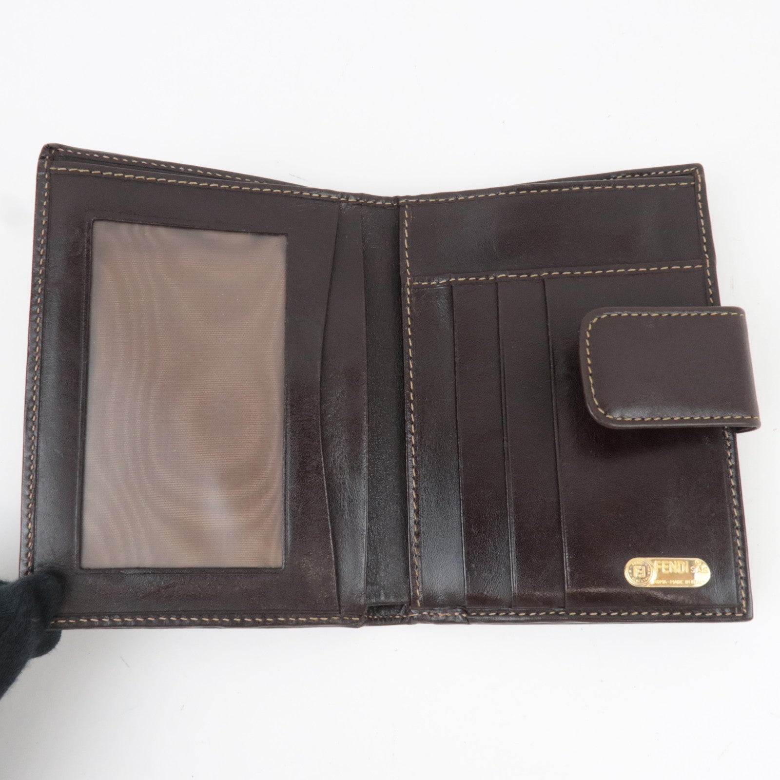 FENDI Zucca Kiss Lock Bifold Wallet Canvas Leather Brown Black 30207 *Box