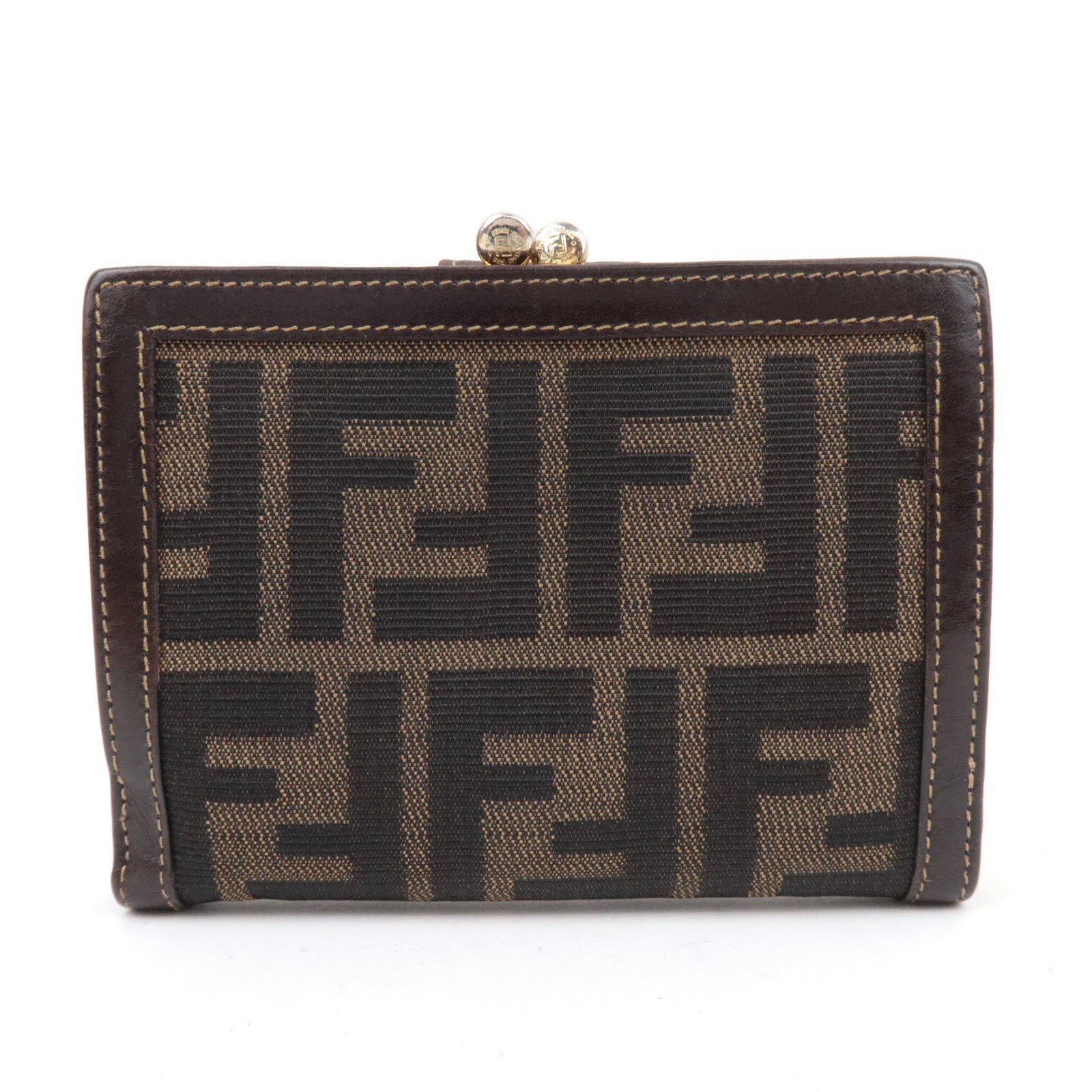 FENDI Zucca Kiss Lock Bifold Wallet Canvas Leather Brown Black 30207 *Box