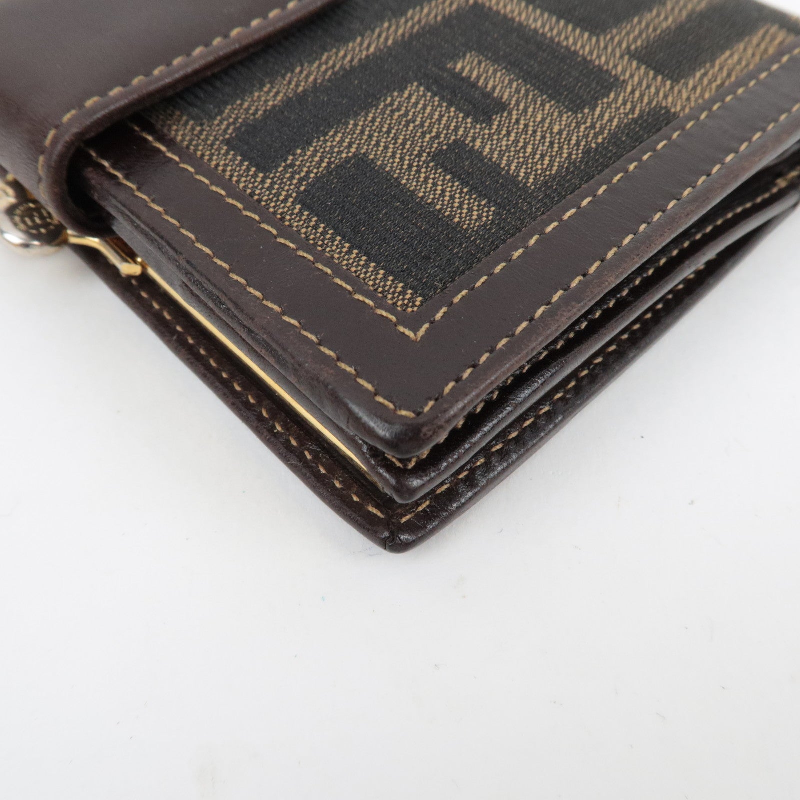 FENDI Zucca Kiss Lock Bifold Wallet Canvas Leather Brown Black 30207 *Box