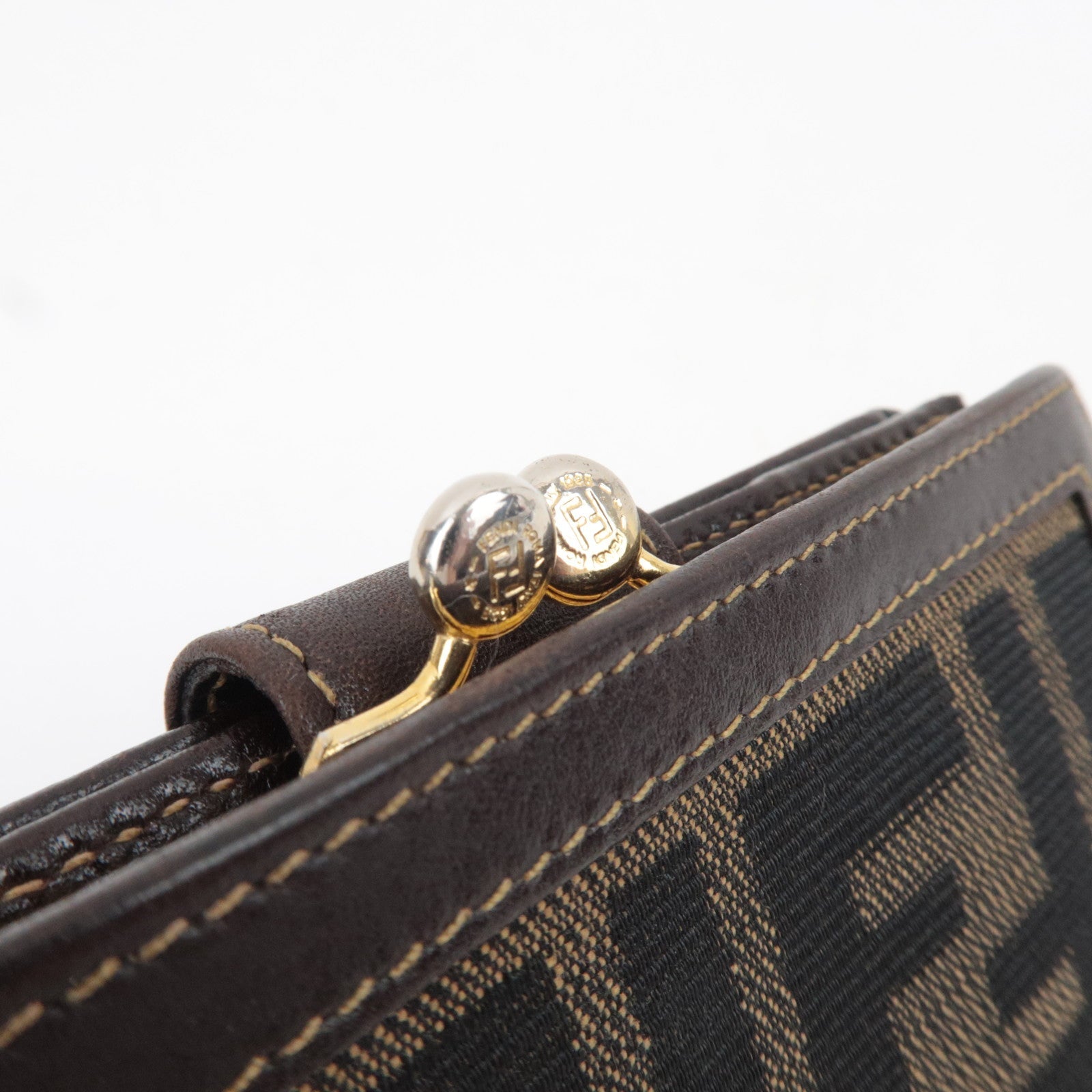 FENDI Zucca Kiss Lock Bifold Wallet Canvas Leather Brown Black 30207 *Box