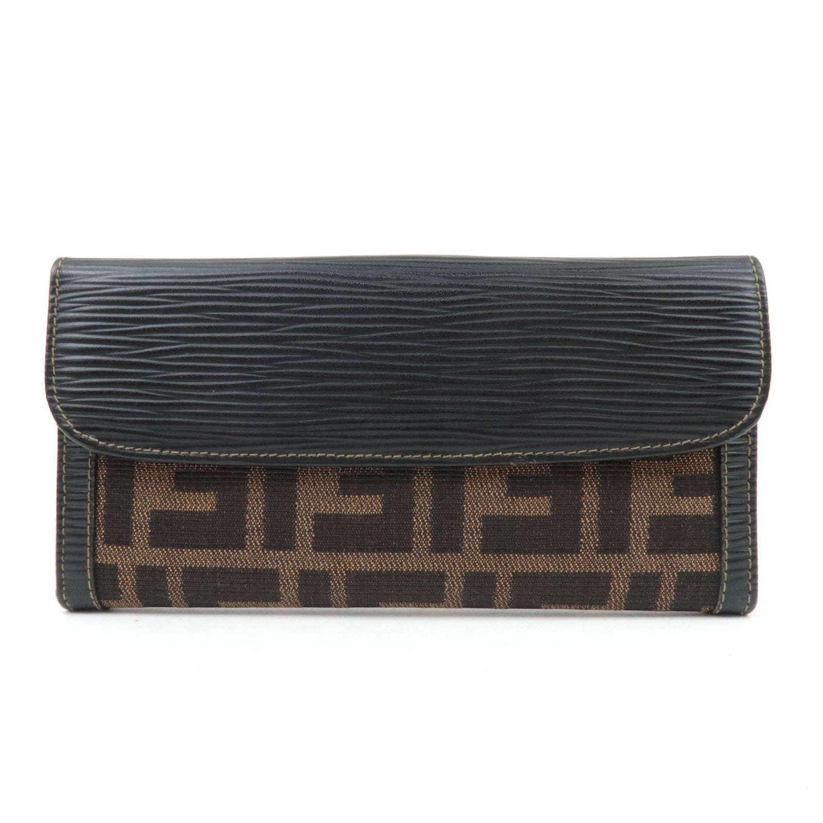 FENDI Zucca Bifold Long Wallet Canvas Leather Brown Black 31018 *Box