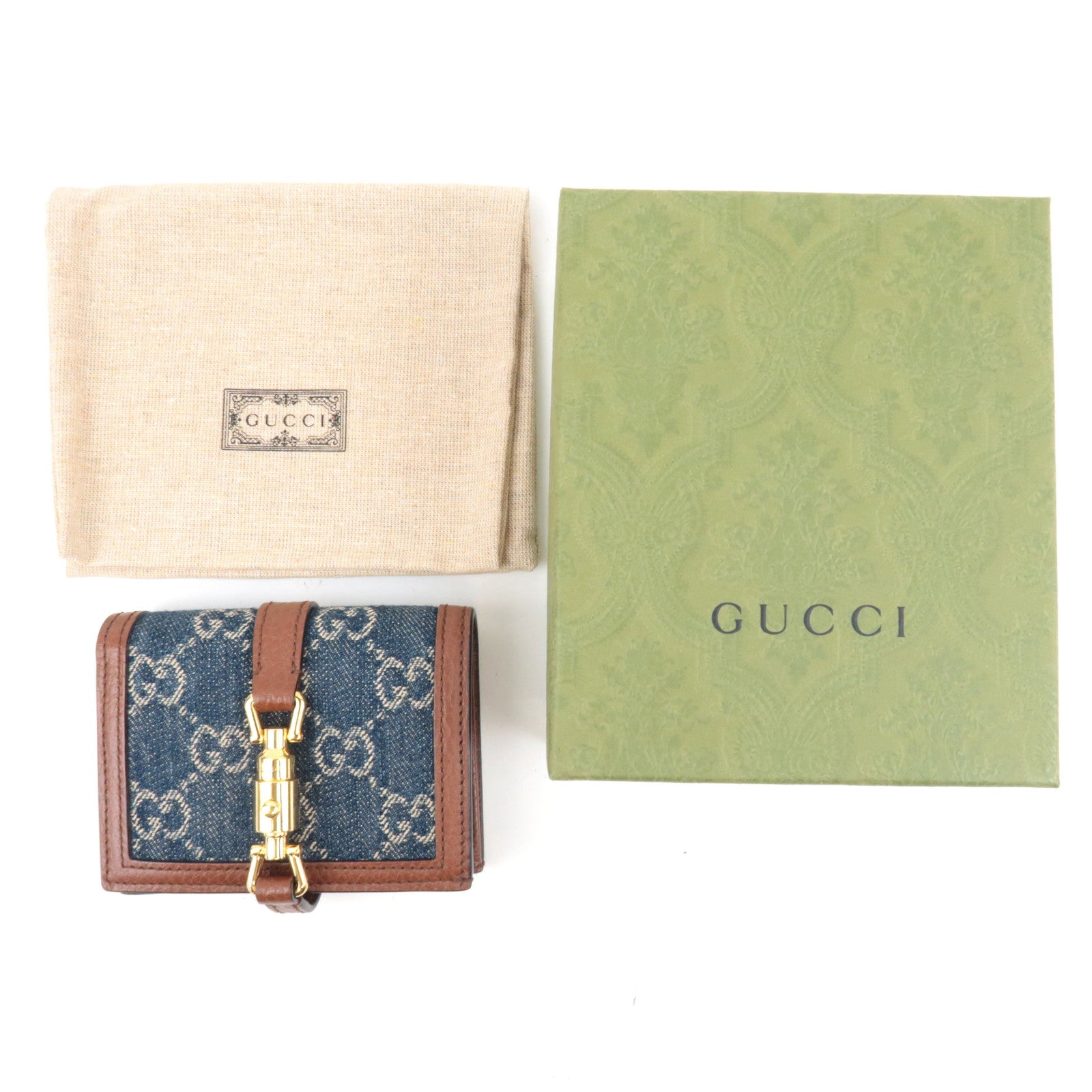 GUCCI Jackie 1961 Bifold Wallet GG Denim Leather Navy 645536 *Box, Dust bag