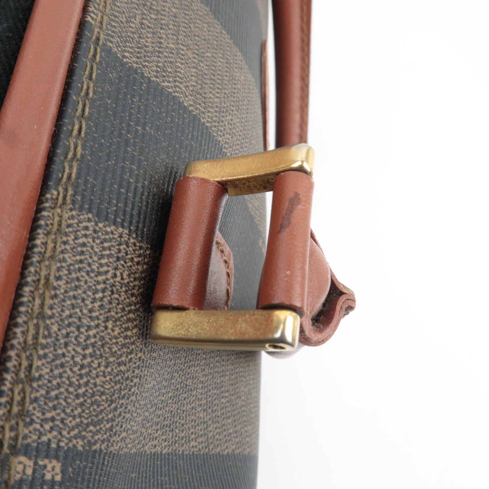 FENDI Pequin Boston Bag PVC Leather Khaki Black Brown