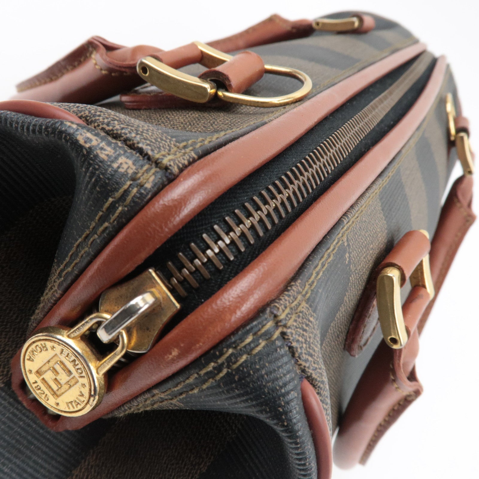 FENDI Pequin Boston Bag PVC Leather Khaki Black Brown