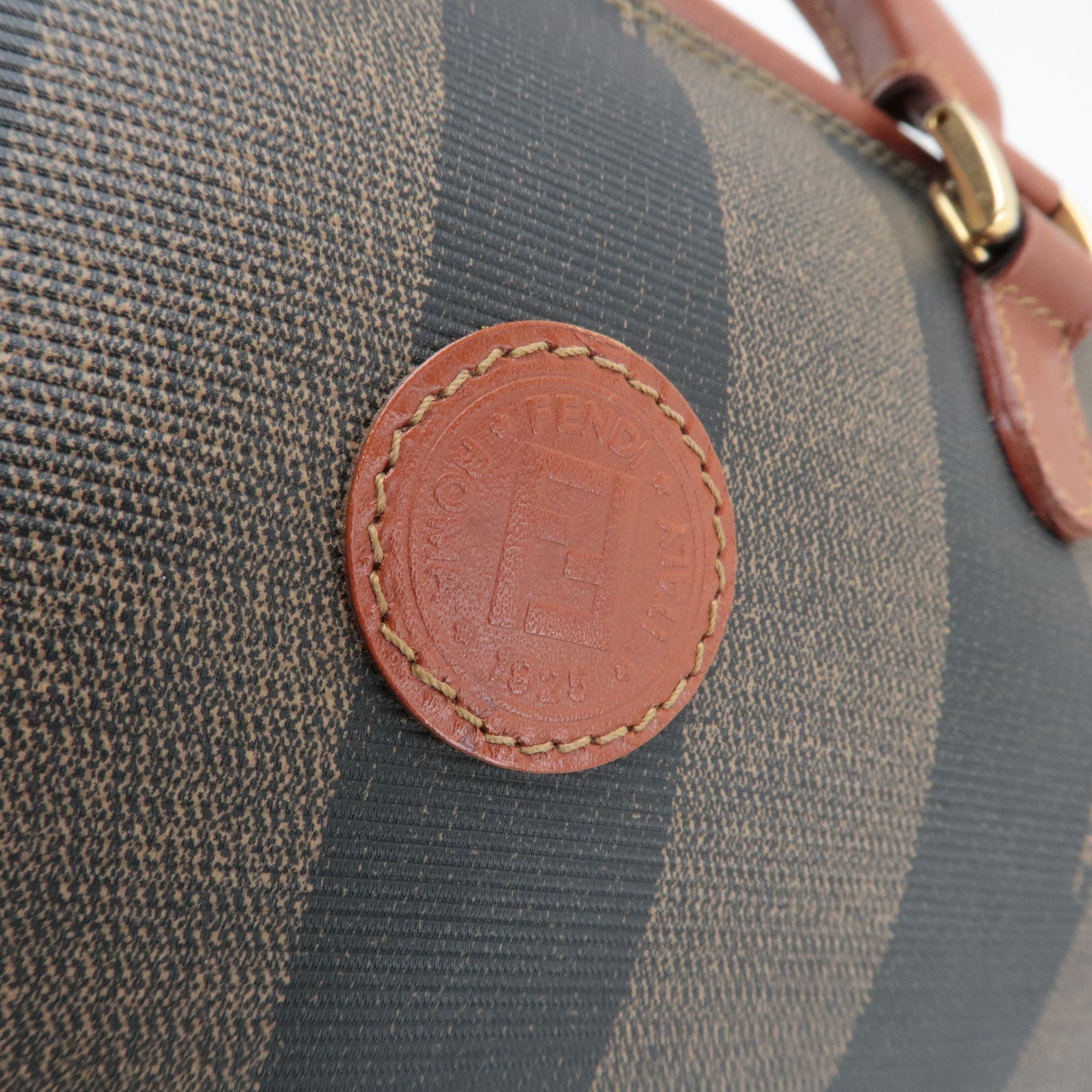 FENDI Pequin Boston Bag PVC Leather Khaki Black Brown