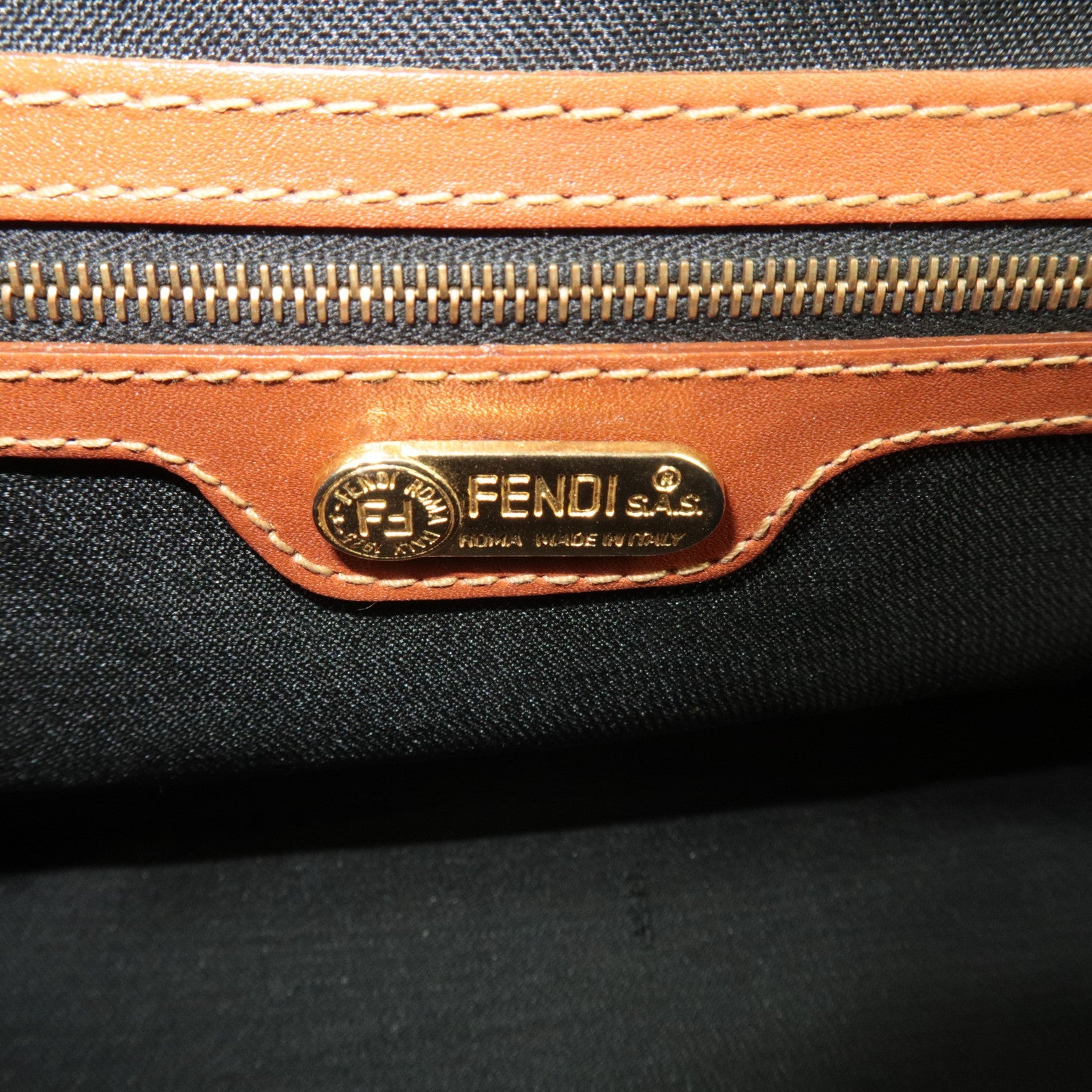 FENDI Pequin Boston Bag PVC Leather Khaki Black Brown